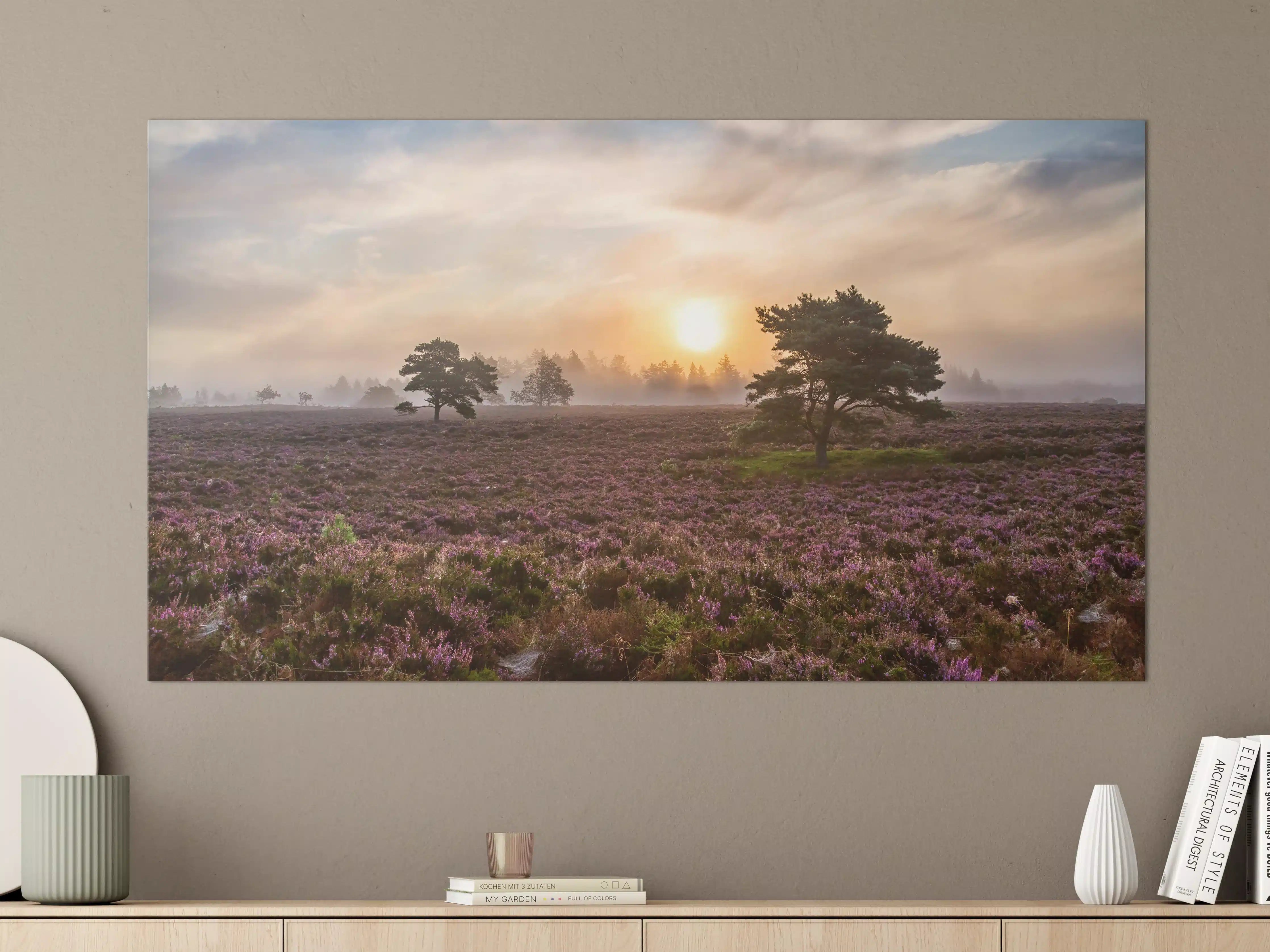 Große Wandbilder - Sonnenaufgang über blühender Heide