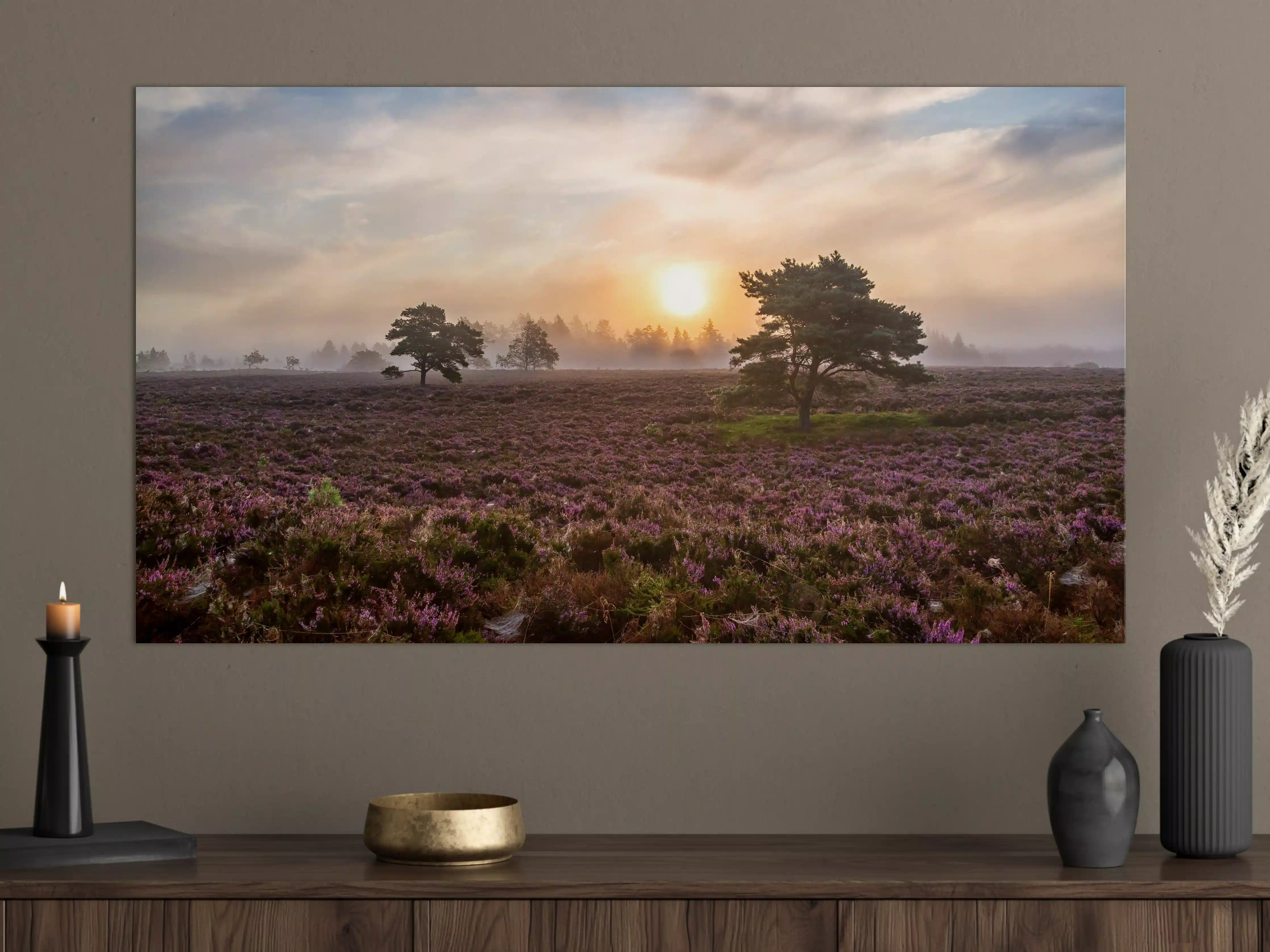 Große Wandbilder - Sonnenaufgang über blühender Heide