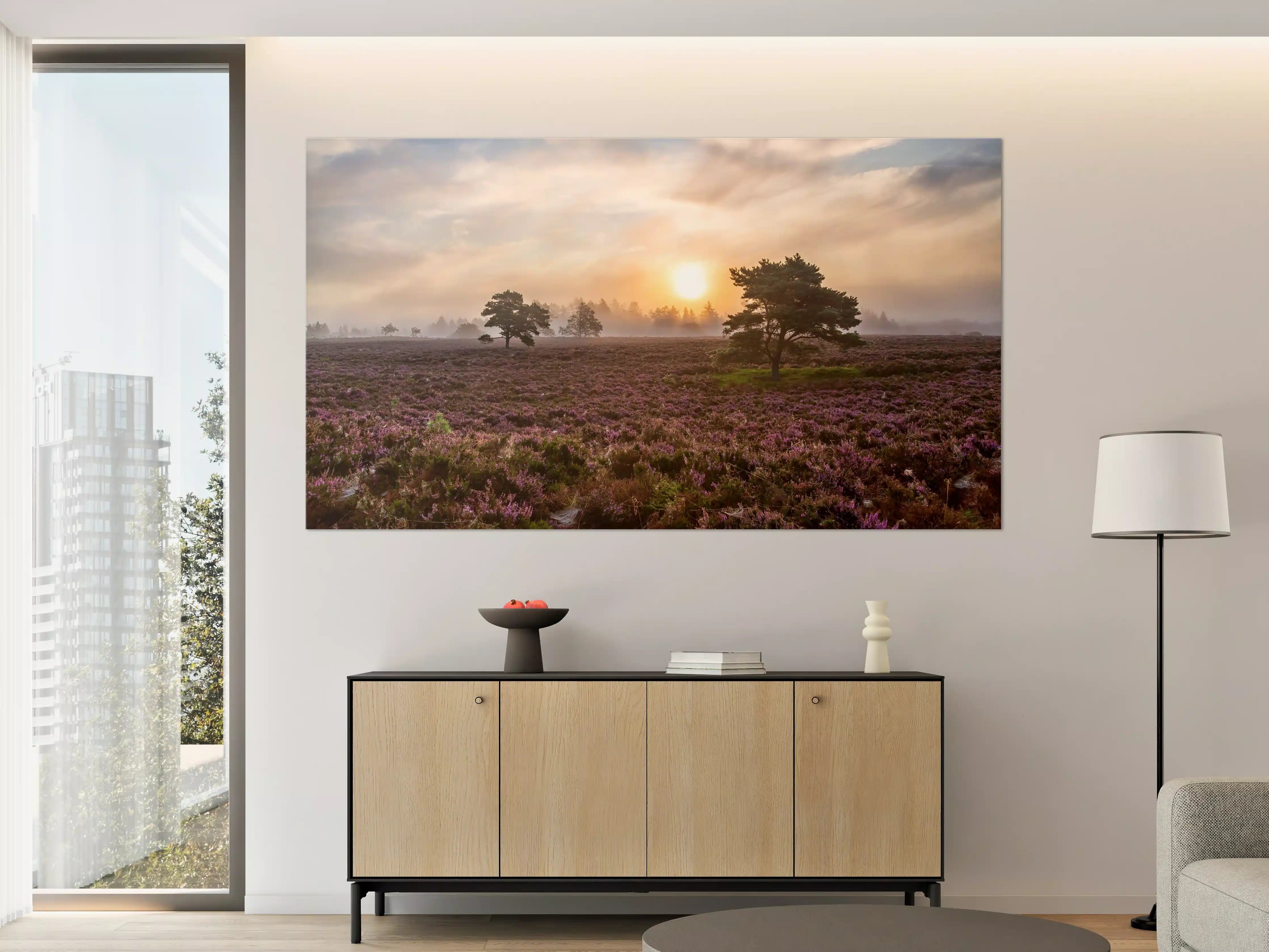 Große Wandbilder - Sonnenaufgang über blühender Heide