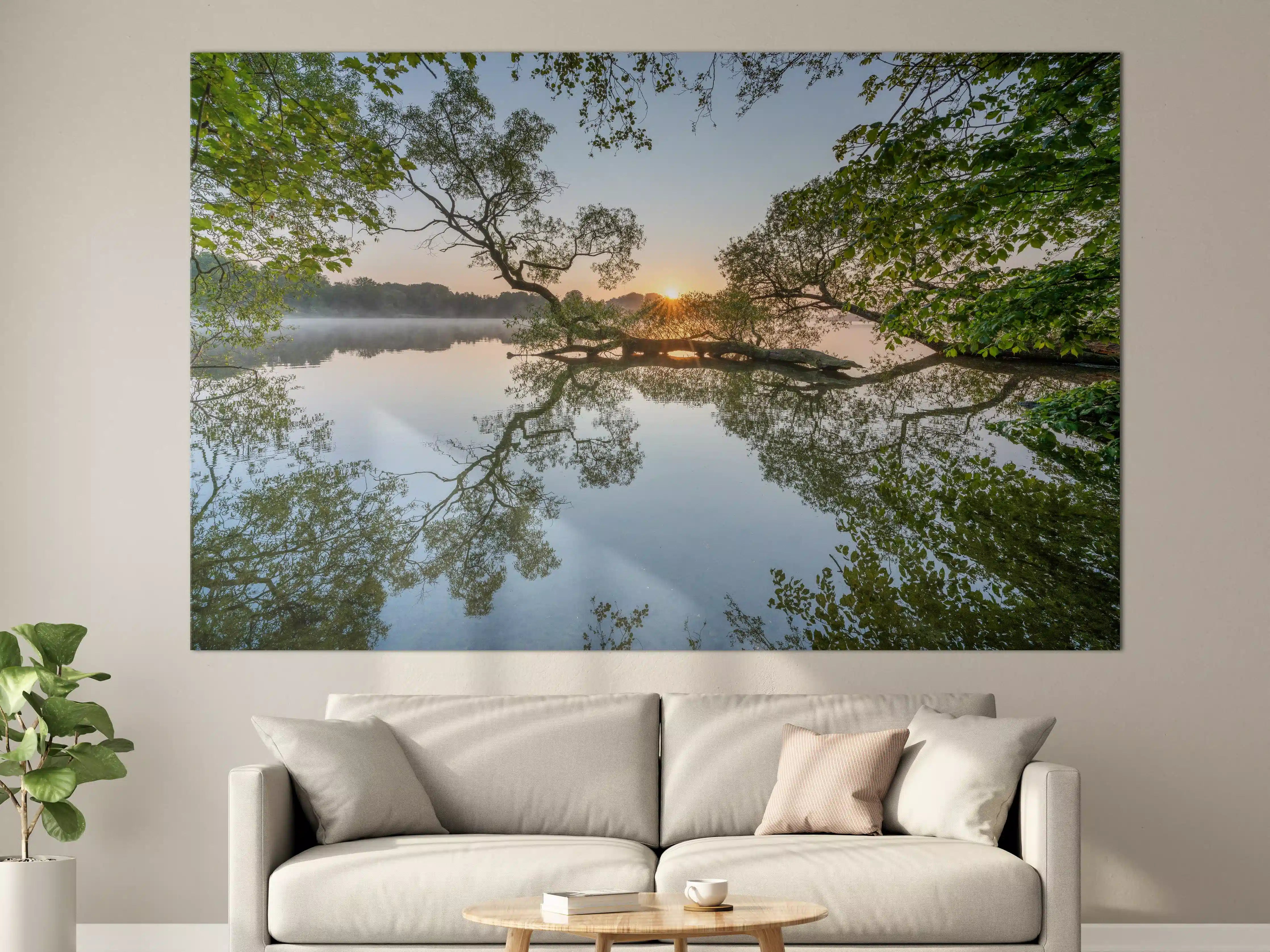 Große Wandbilder - Sonnenaufgang über dem ruhigen Fluss mit Baumreflexionen