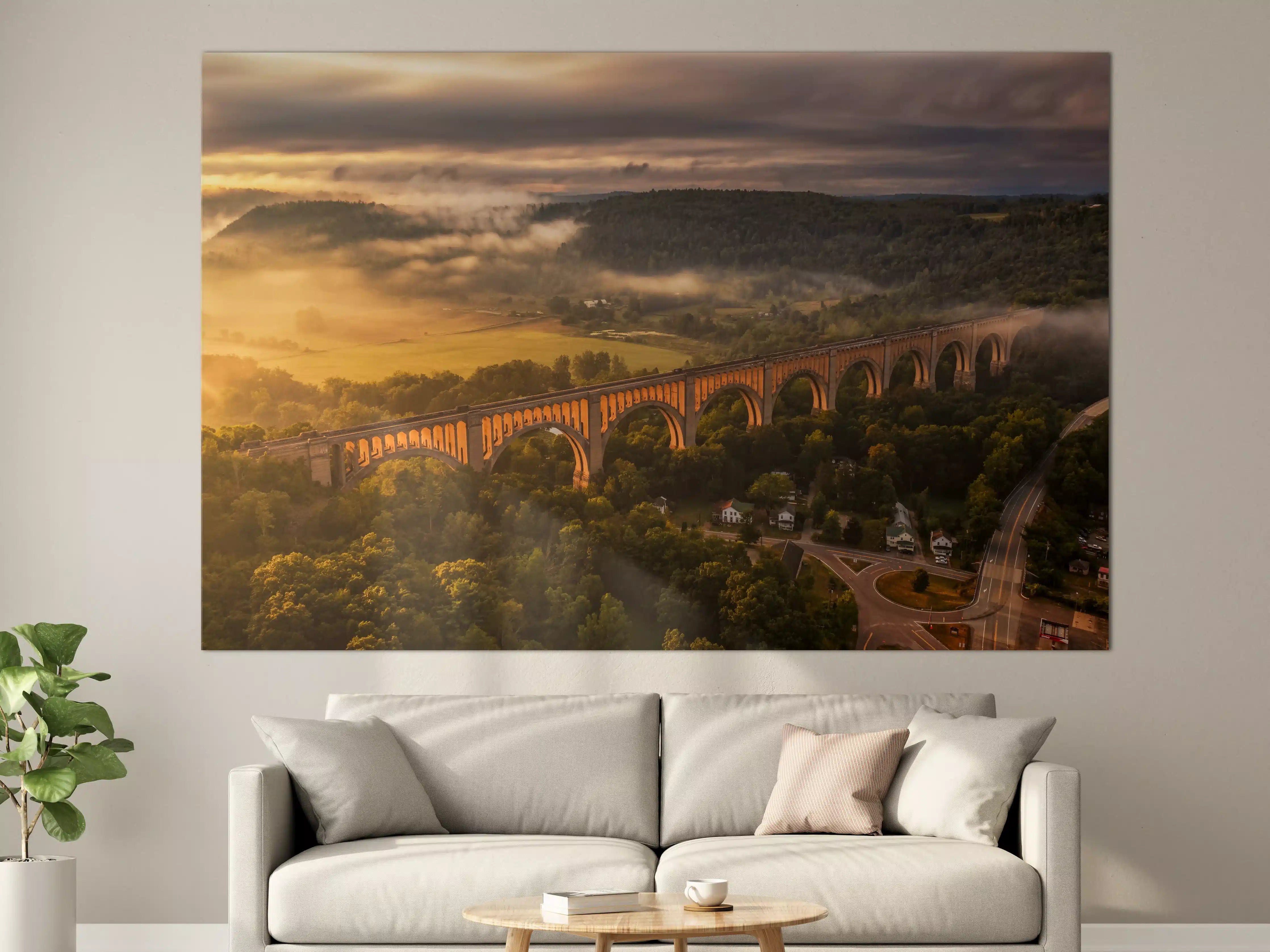 Große Wandbilder - Sonnenaufgang über der alten Eisenbahnbrücke
