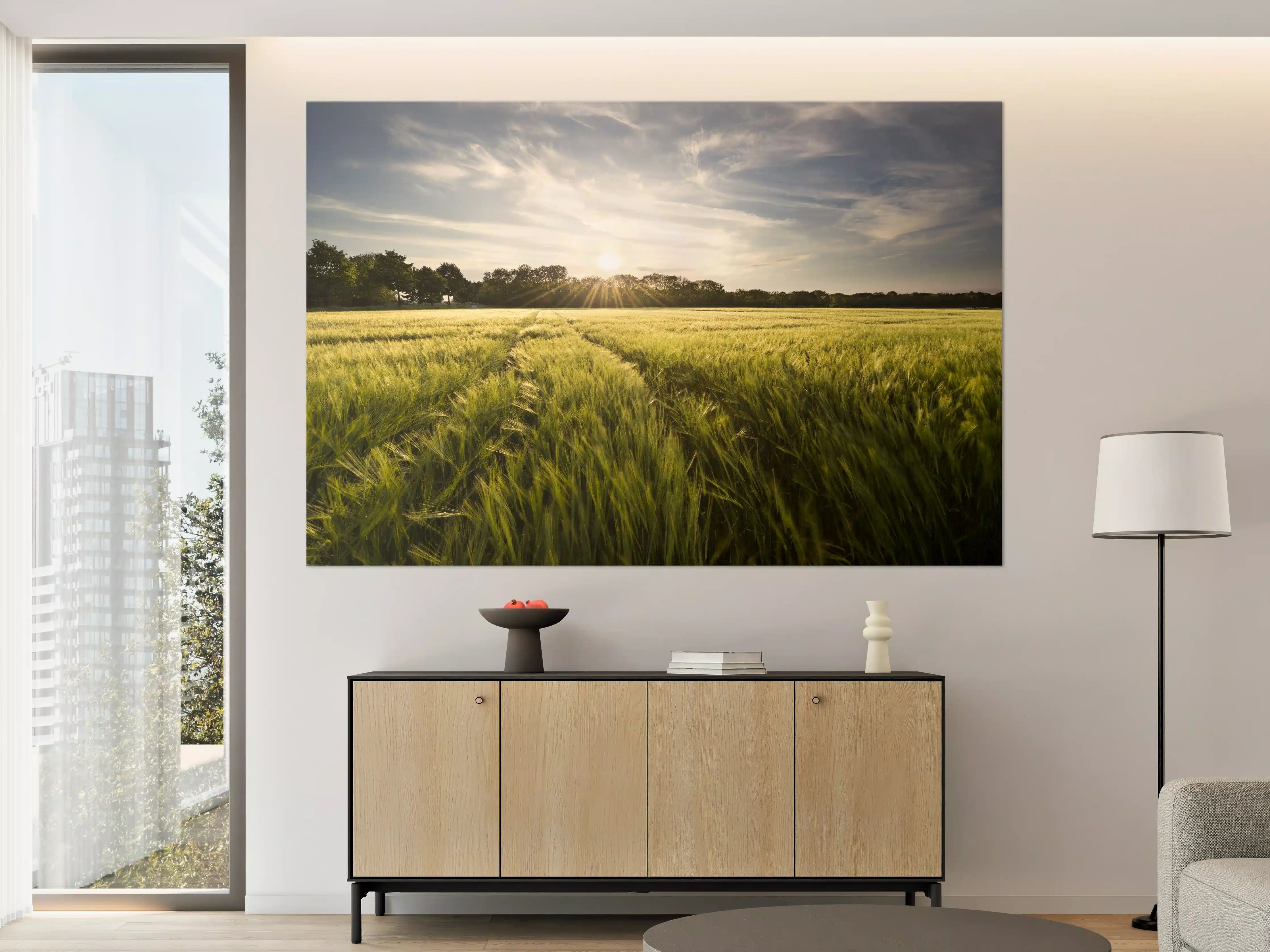 Große Wandbilder - Sonnenaufgang über einem grünen Feld