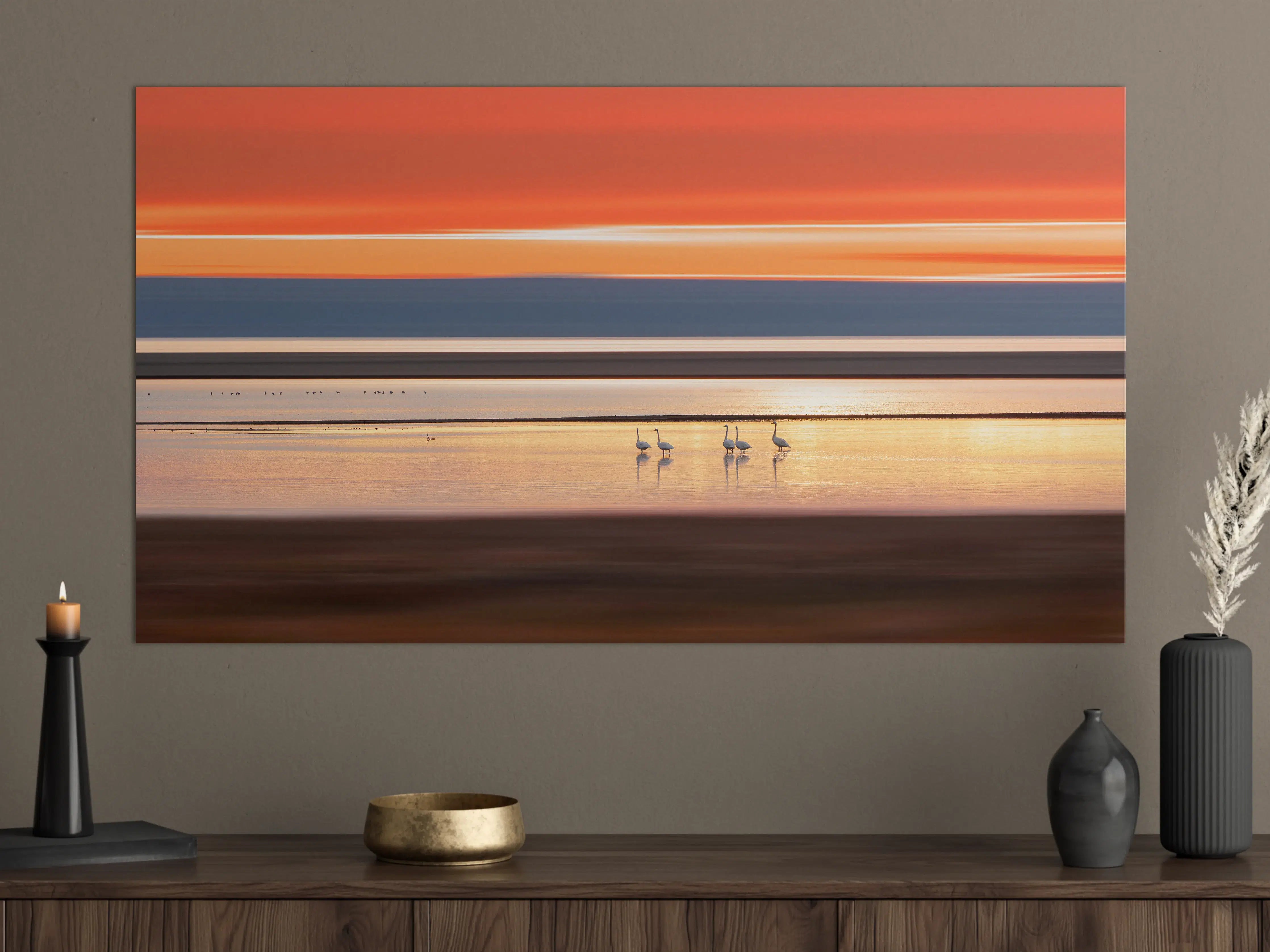 Große Wandbilder - Sonnenuntergang am Wasser mit Gänsen