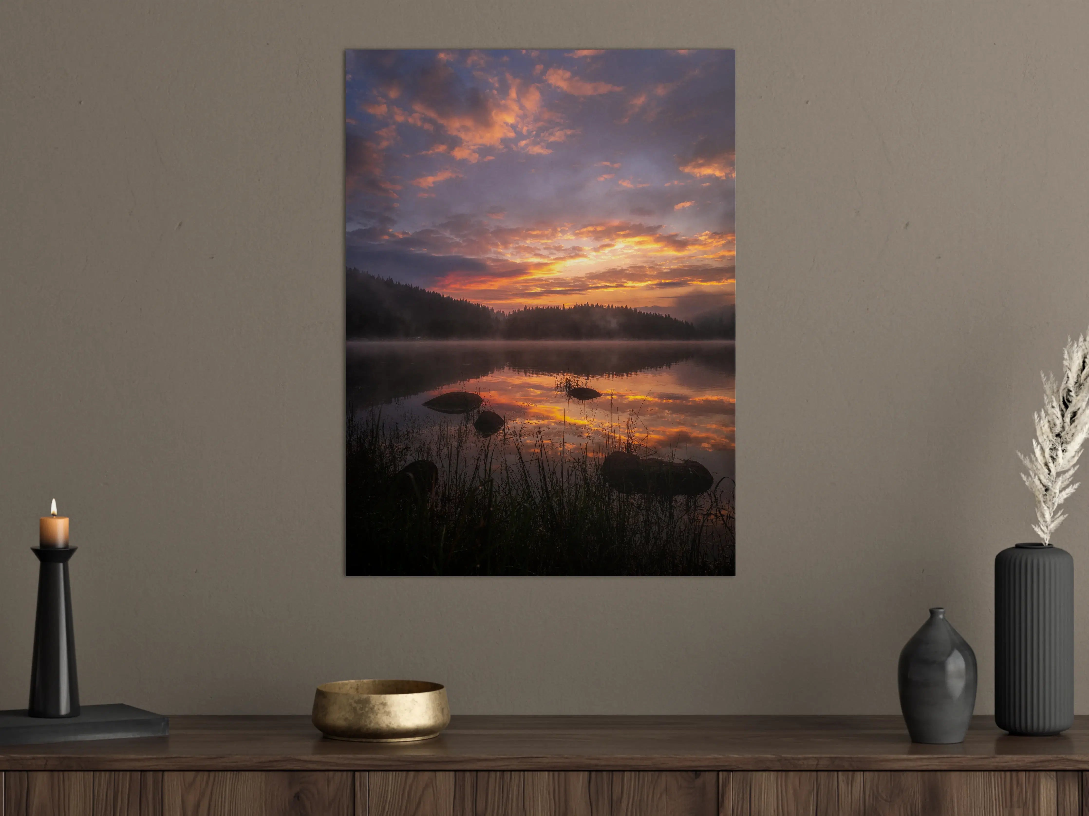 Große Wandbilder - Sonnenuntergang am ruhigen See mit Fairy Lights