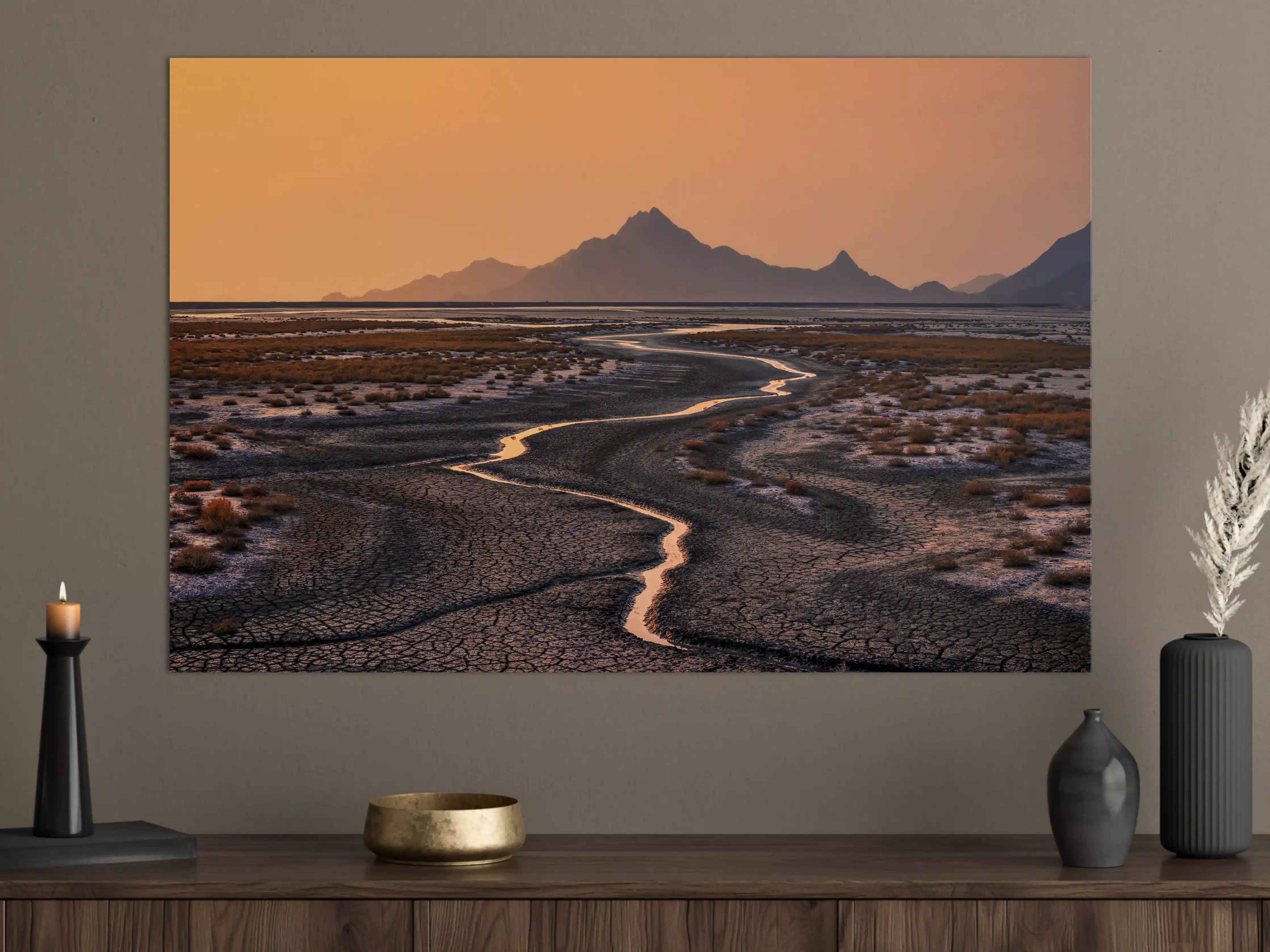 Große Wandbilder - Sonnenuntergang in der Wüstenlandschaft mit Bergkette