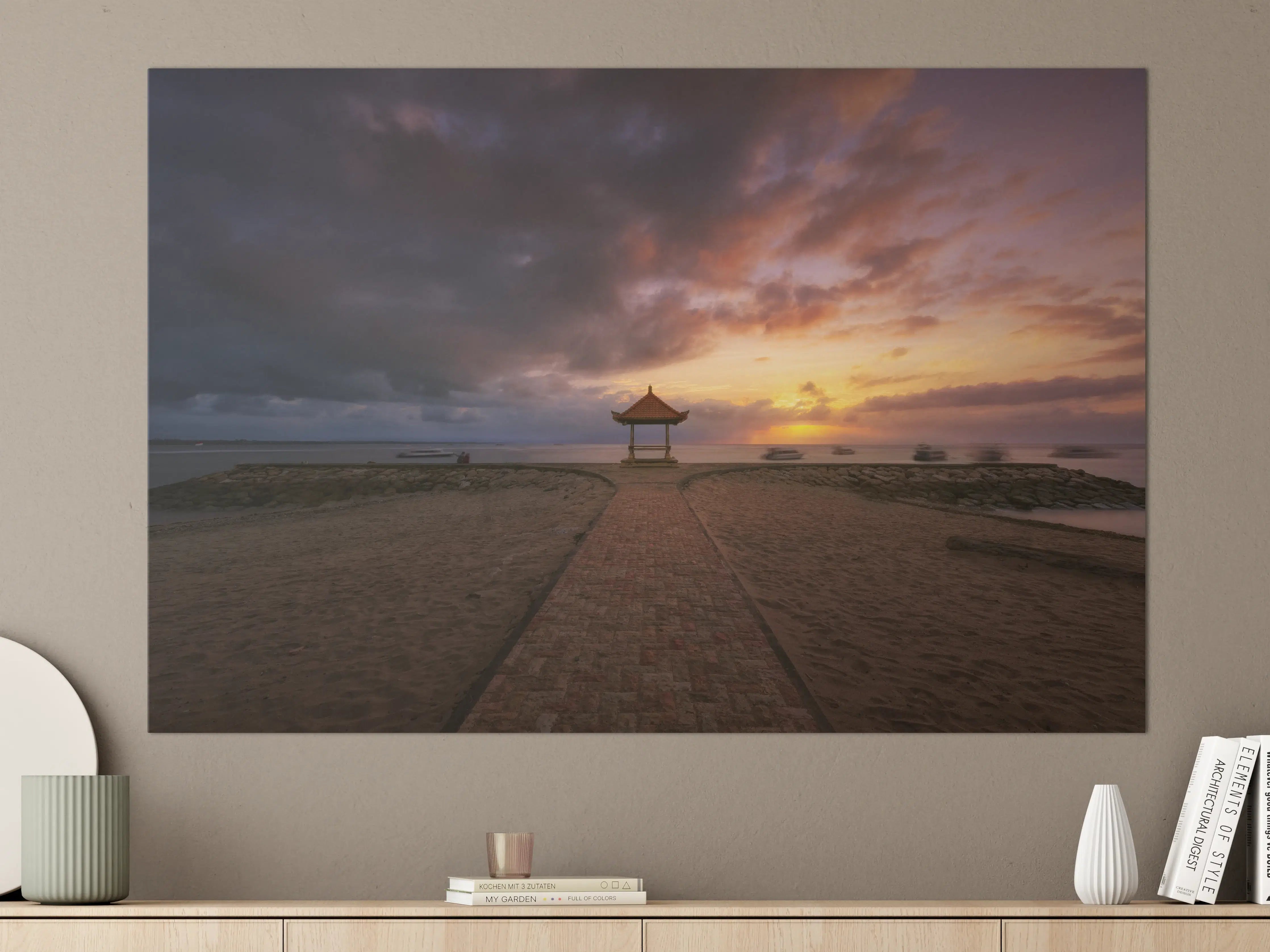 Große Wandbilder - Sonnenuntergang über dem Strand mit Pavillon