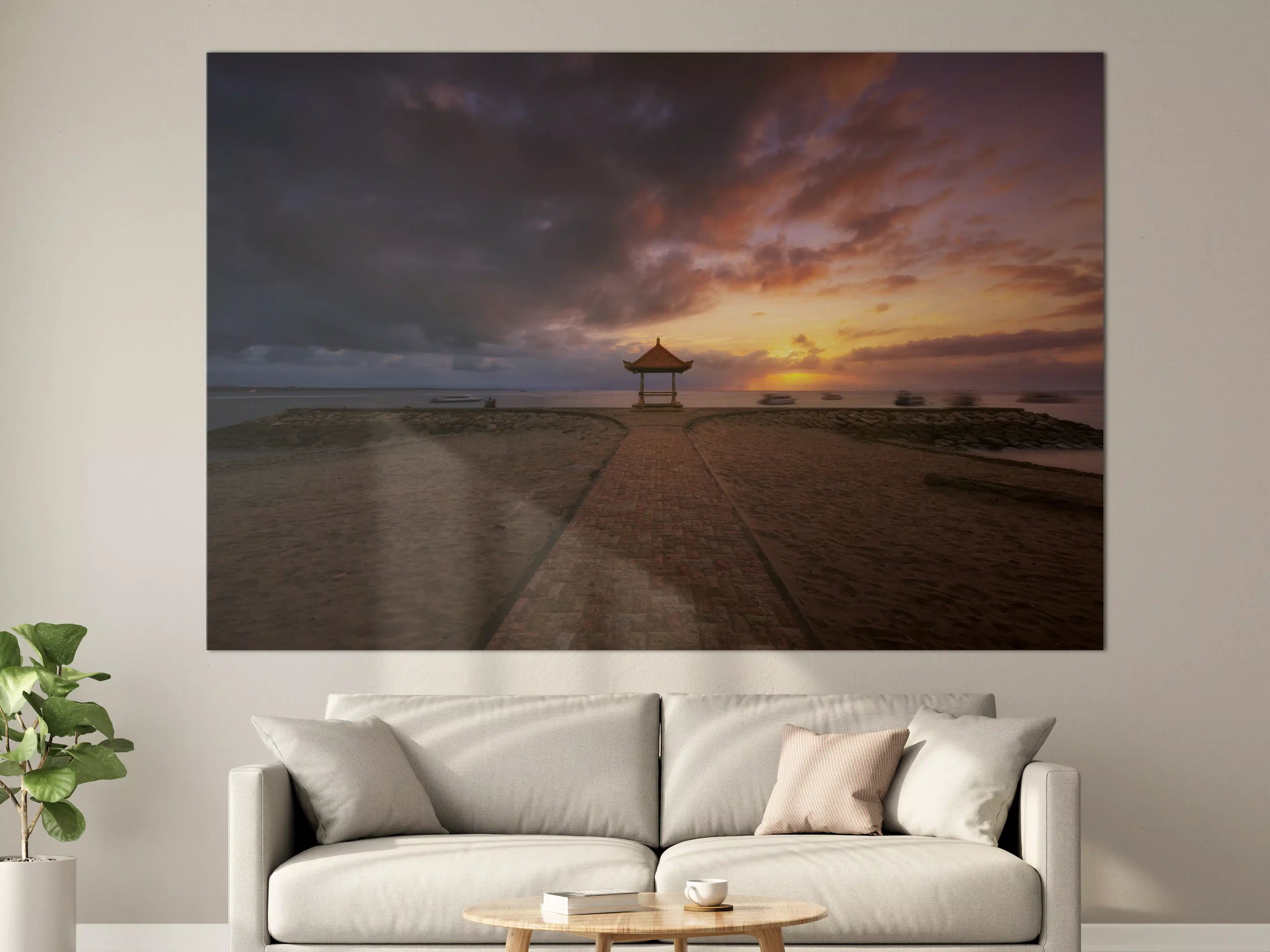 Große Wandbilder - Sonnenuntergang über dem Strand mit Pavillon