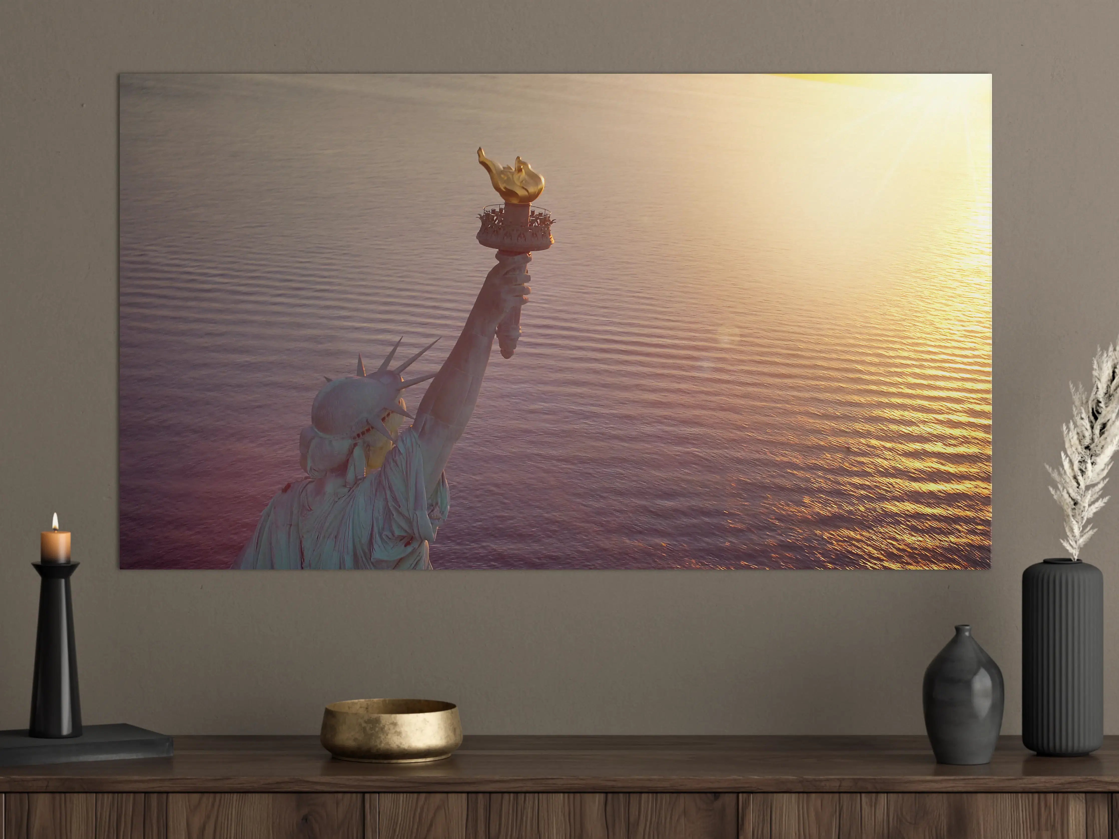 Große Wandbilder - Sonnenuntergang über dem Wasser mit Freiheitsstatue
