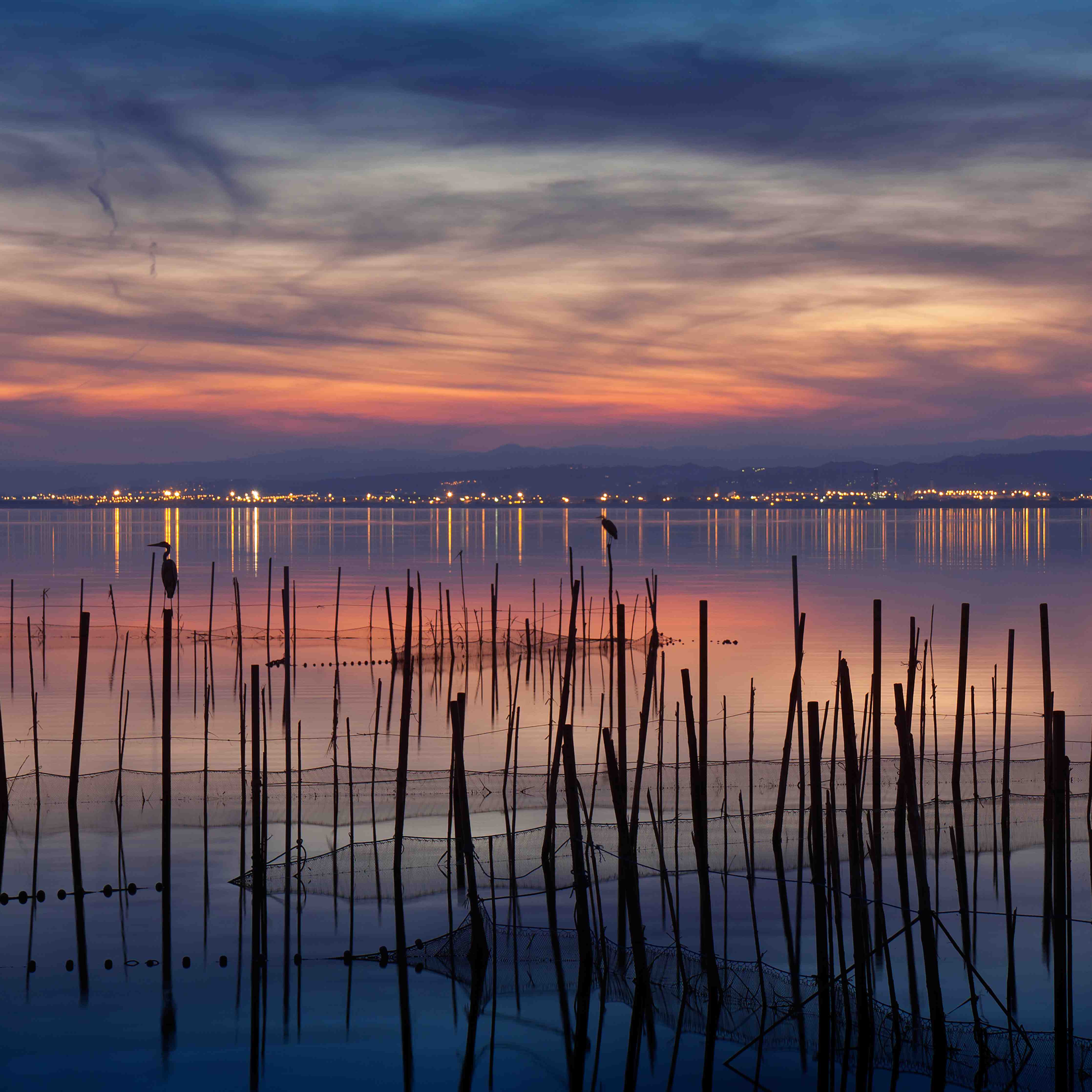 Große Wandbilder-Sonnenuntergang über dem ruhigen Wasser mit Holzpfählen