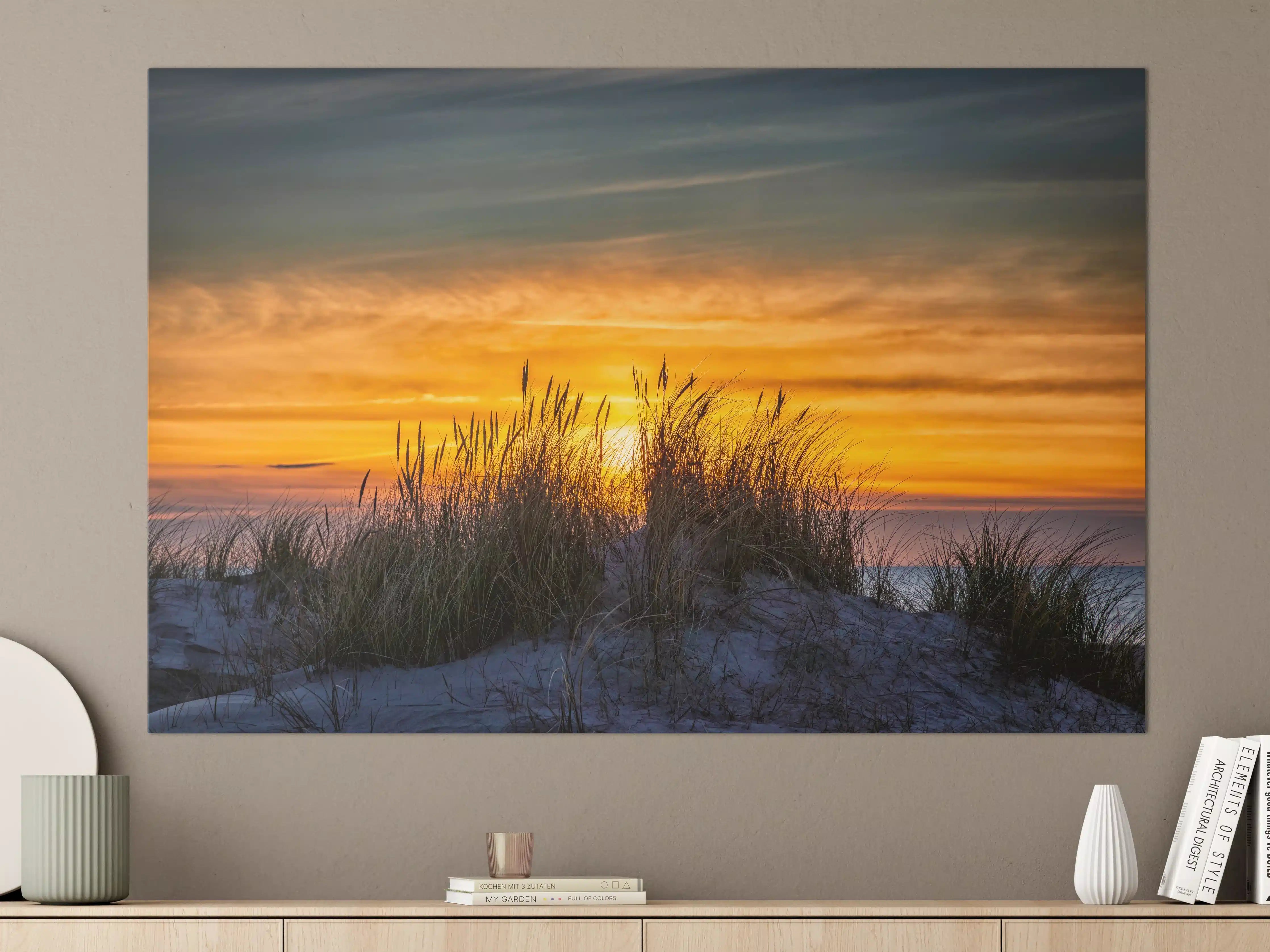Große Wandbilder - Sonnenuntergang über den Dünen mit Gräsern