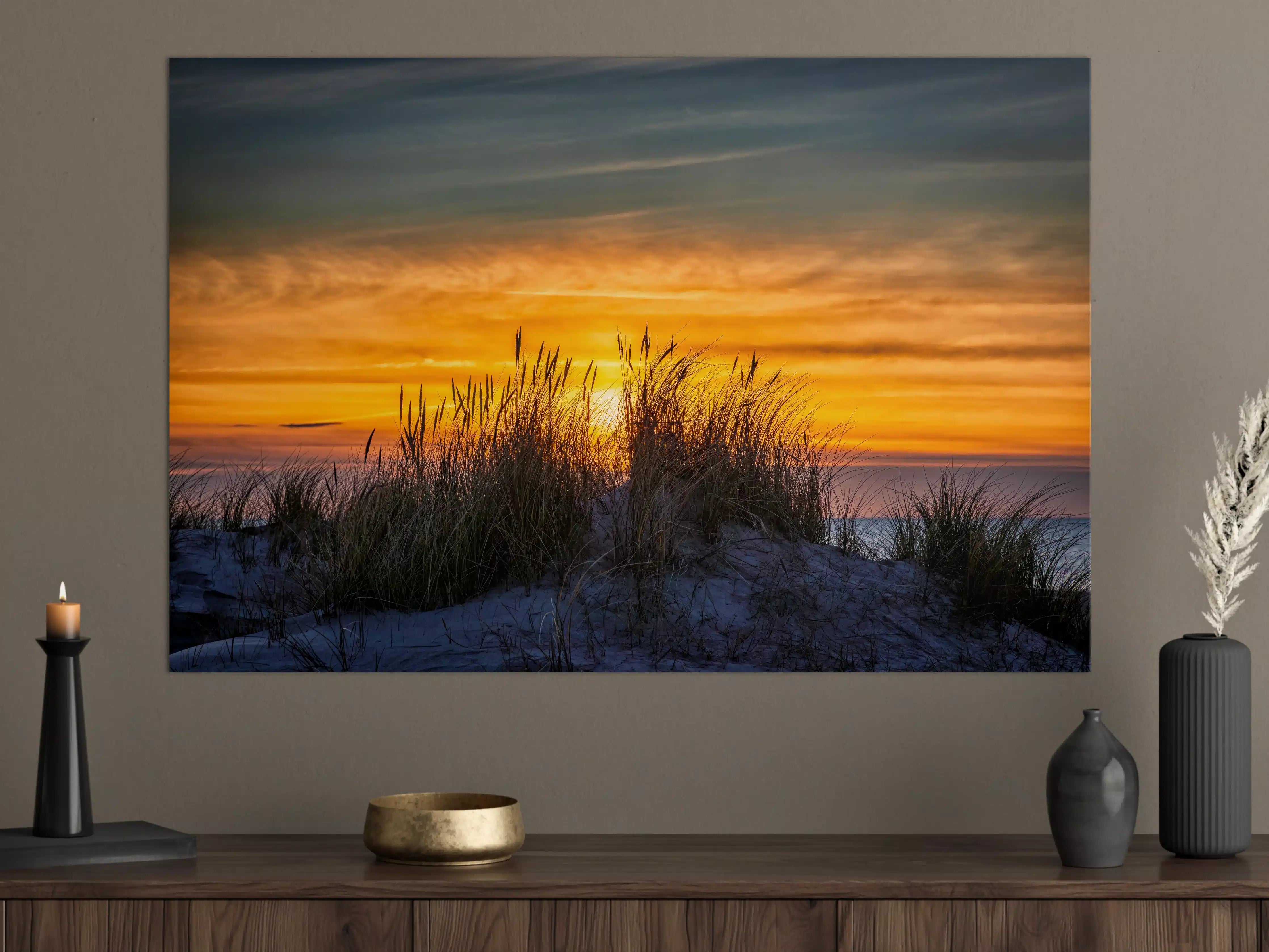 Große Wandbilder - Sonnenuntergang über den Dünen mit Gräsern