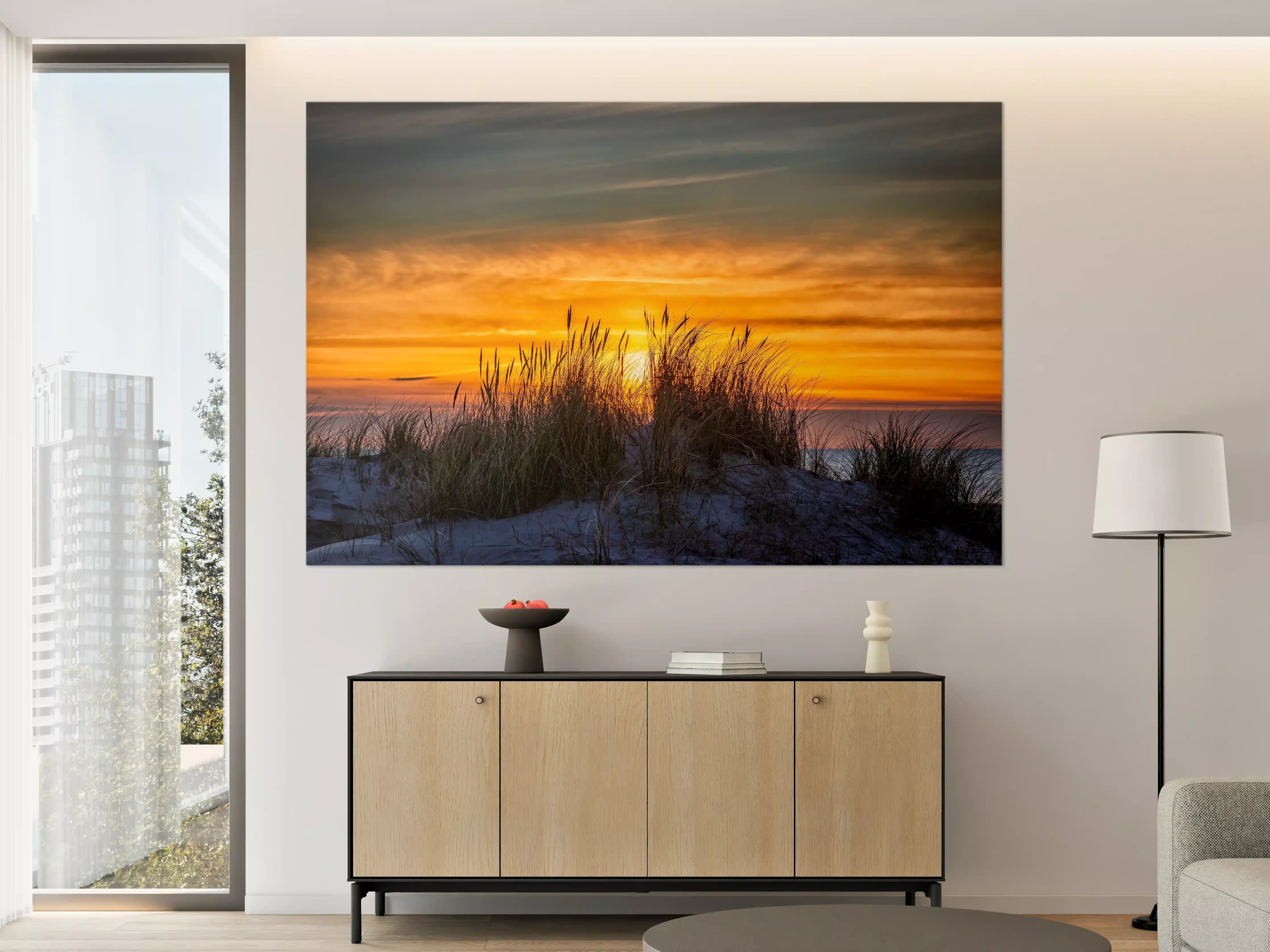 Große Wandbilder - Sonnenuntergang über den Dünen mit Gräsern