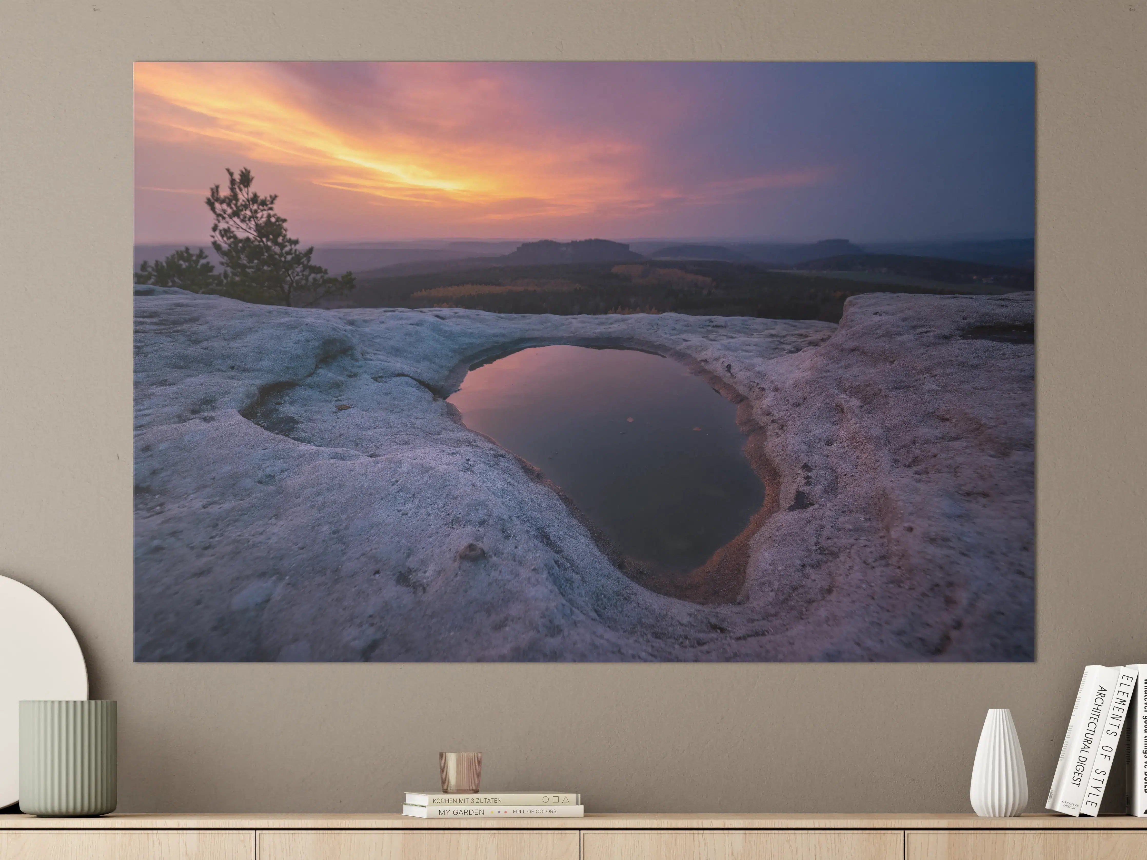 Große Wandbilder - Sonnenuntergang über der Natur mit Felsen und Wasser