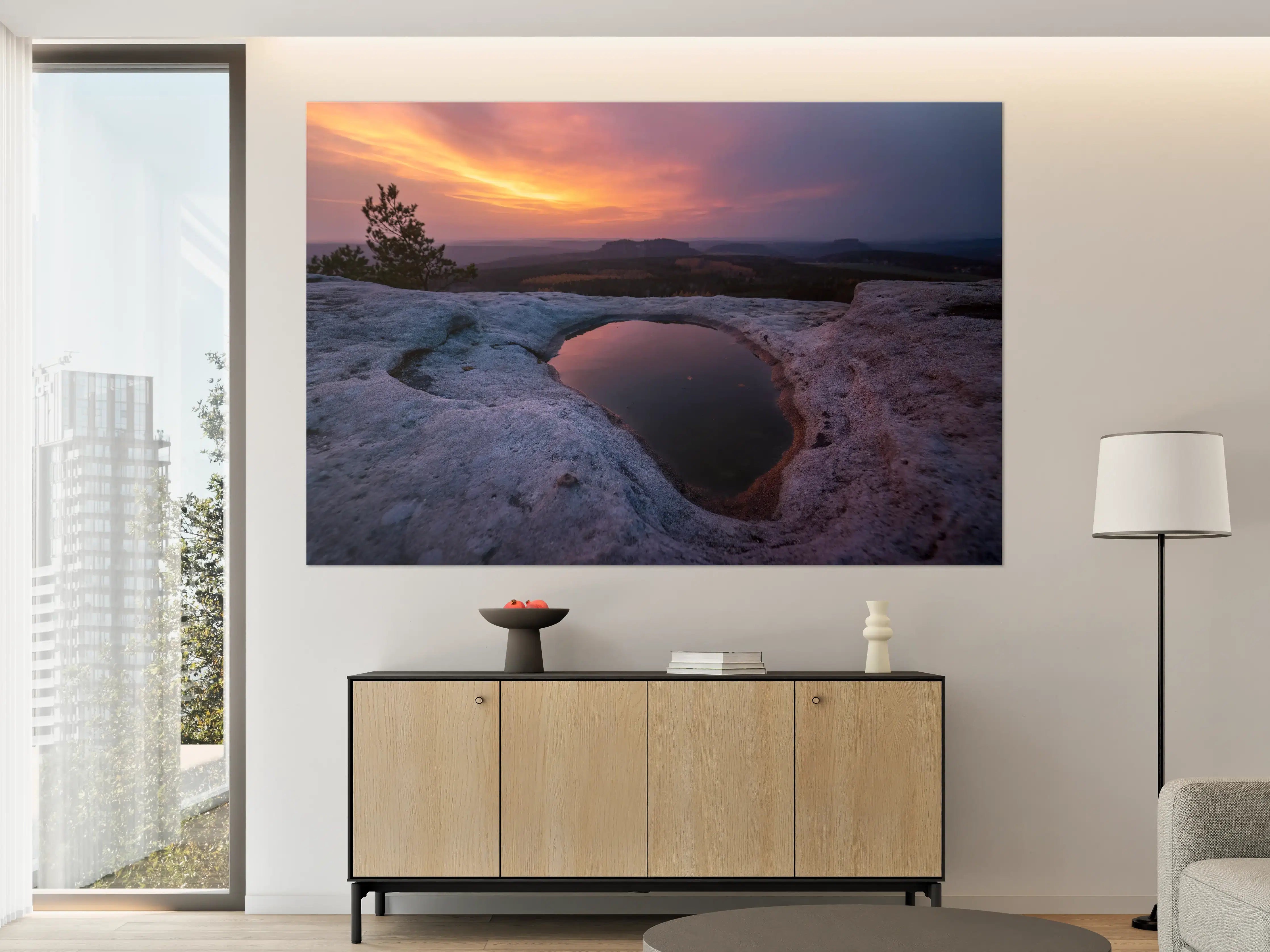 Große Wandbilder - Sonnenuntergang über der Natur mit Felsen und Wasser