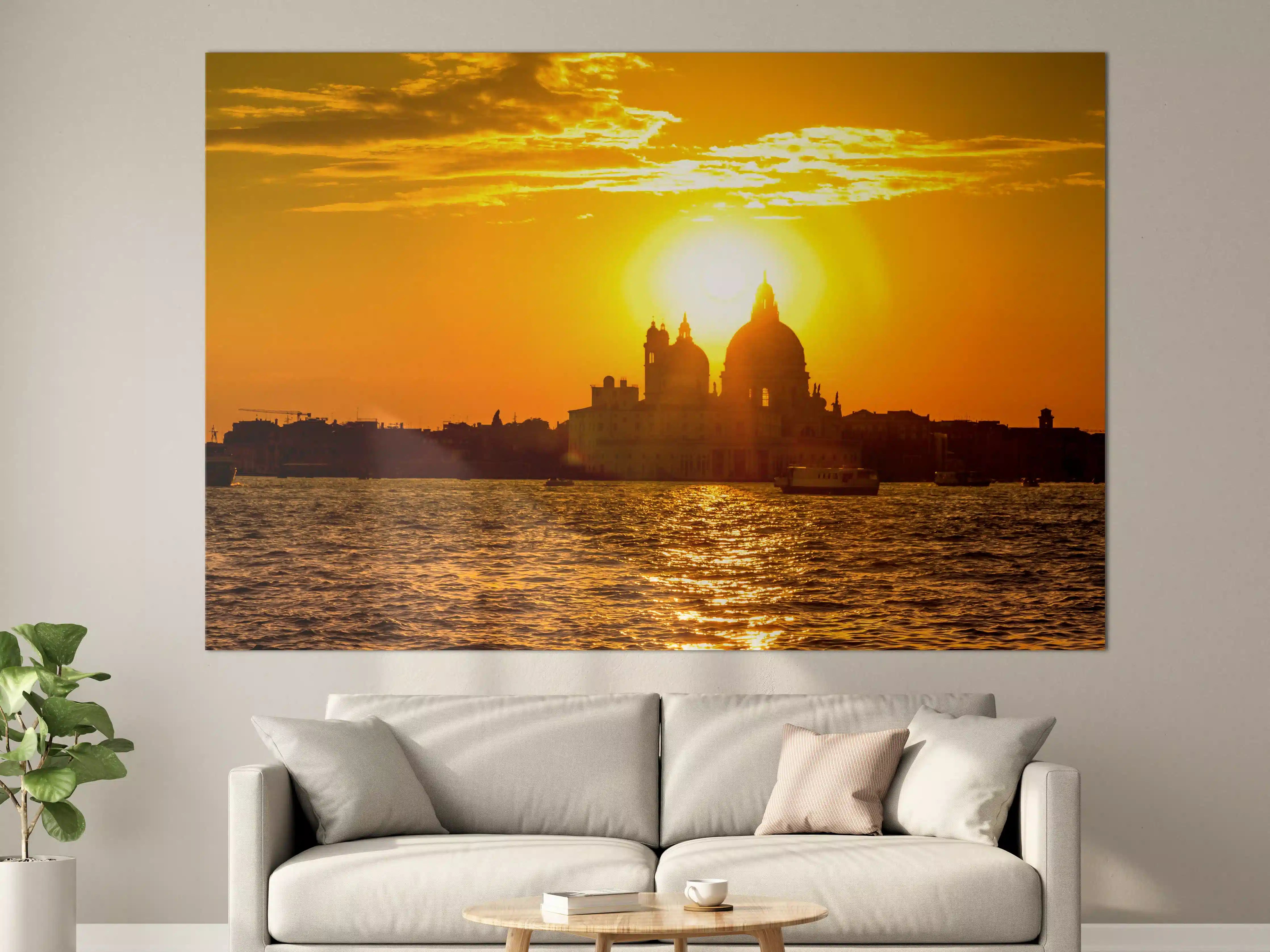 Große Wandbilder - Sonnenuntergang über der Stadt mit Wasserblick