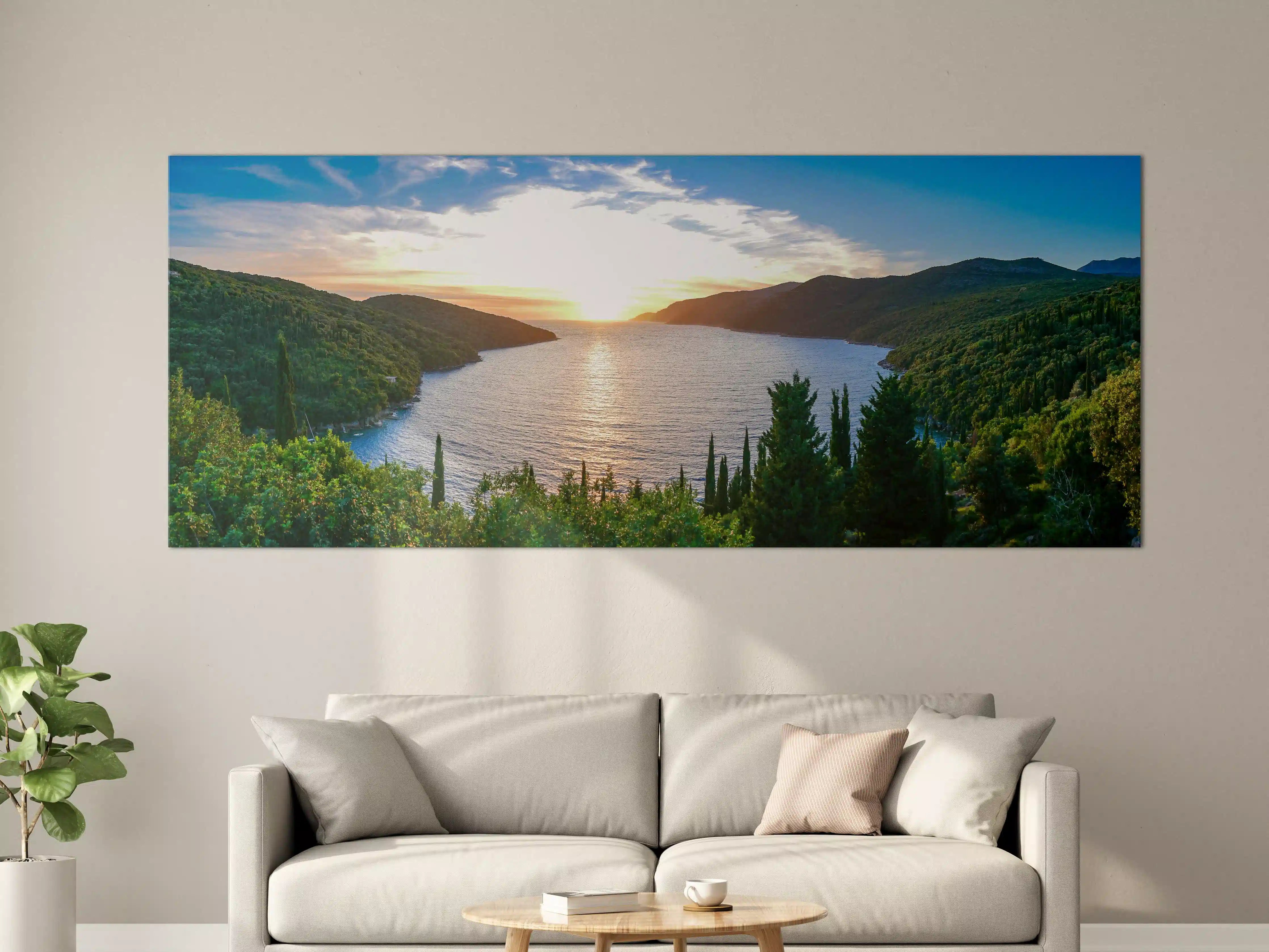 Große Wandbilder - Sonnenuntergang über einem See in grüner Landschaft