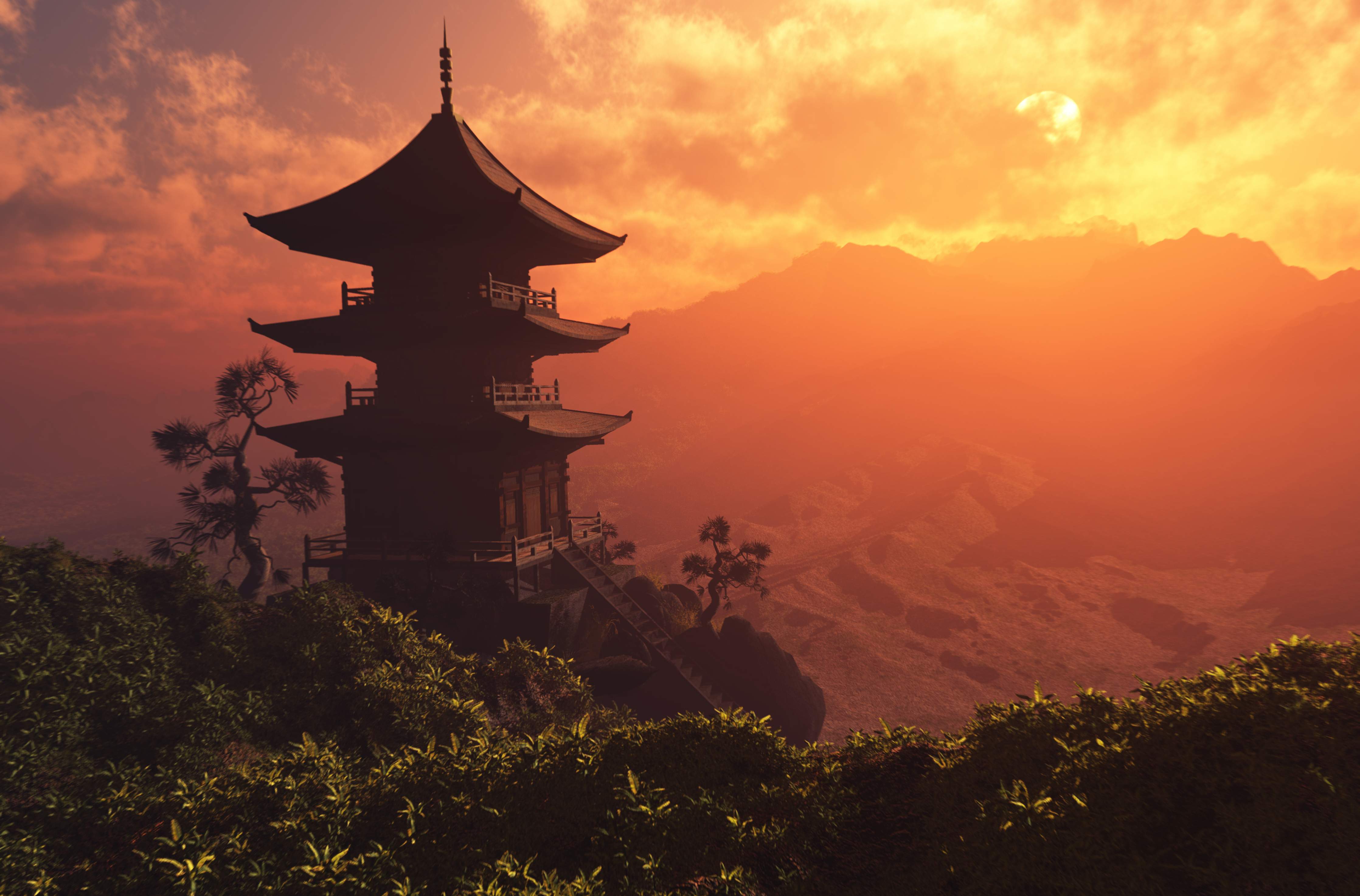 Große Wandbilder-Sonnenuntergang über einer buddhistischen Pagode