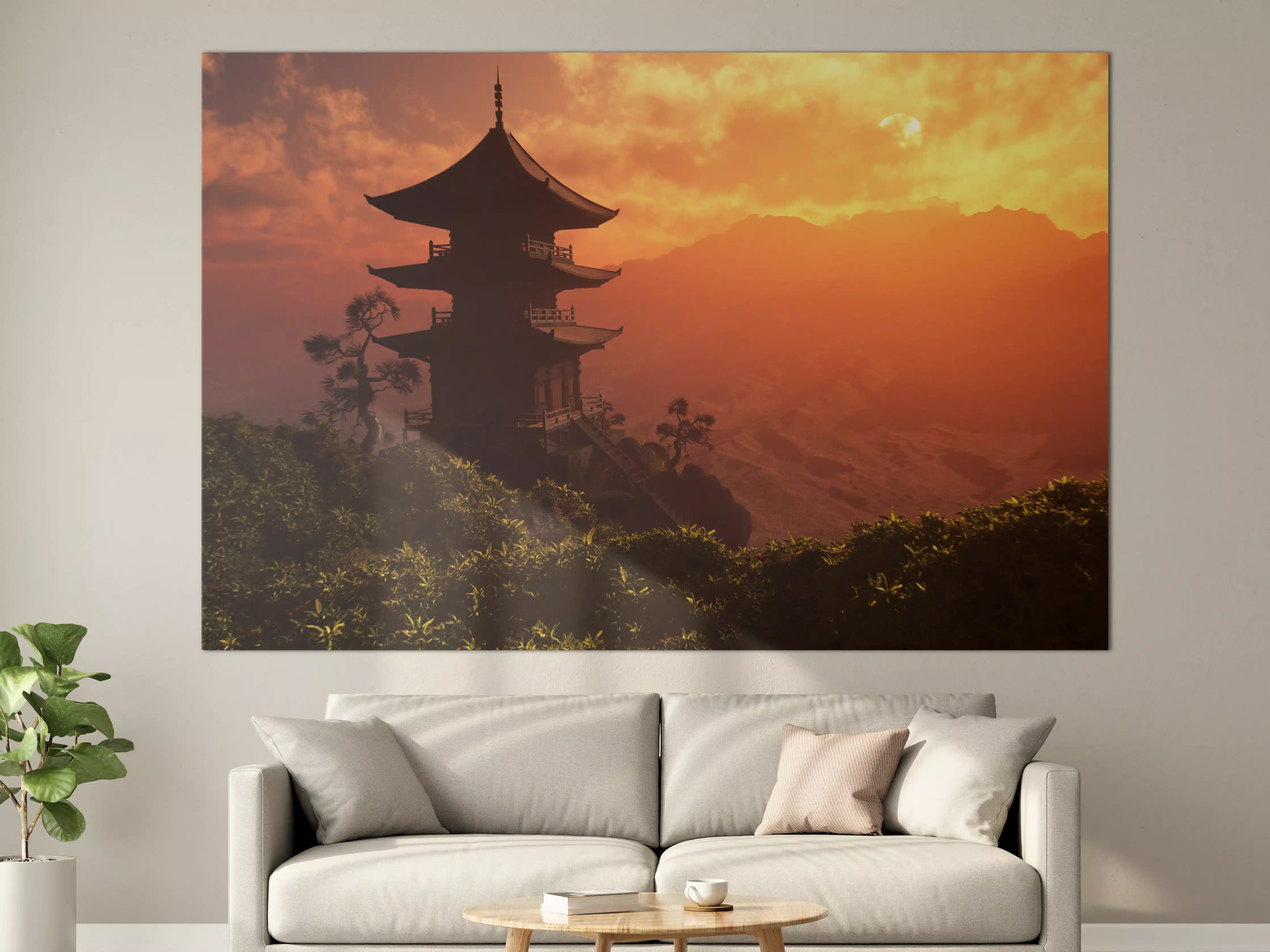 Große Wandbilder - Sonnenuntergang über einer buddhistischen Pagode