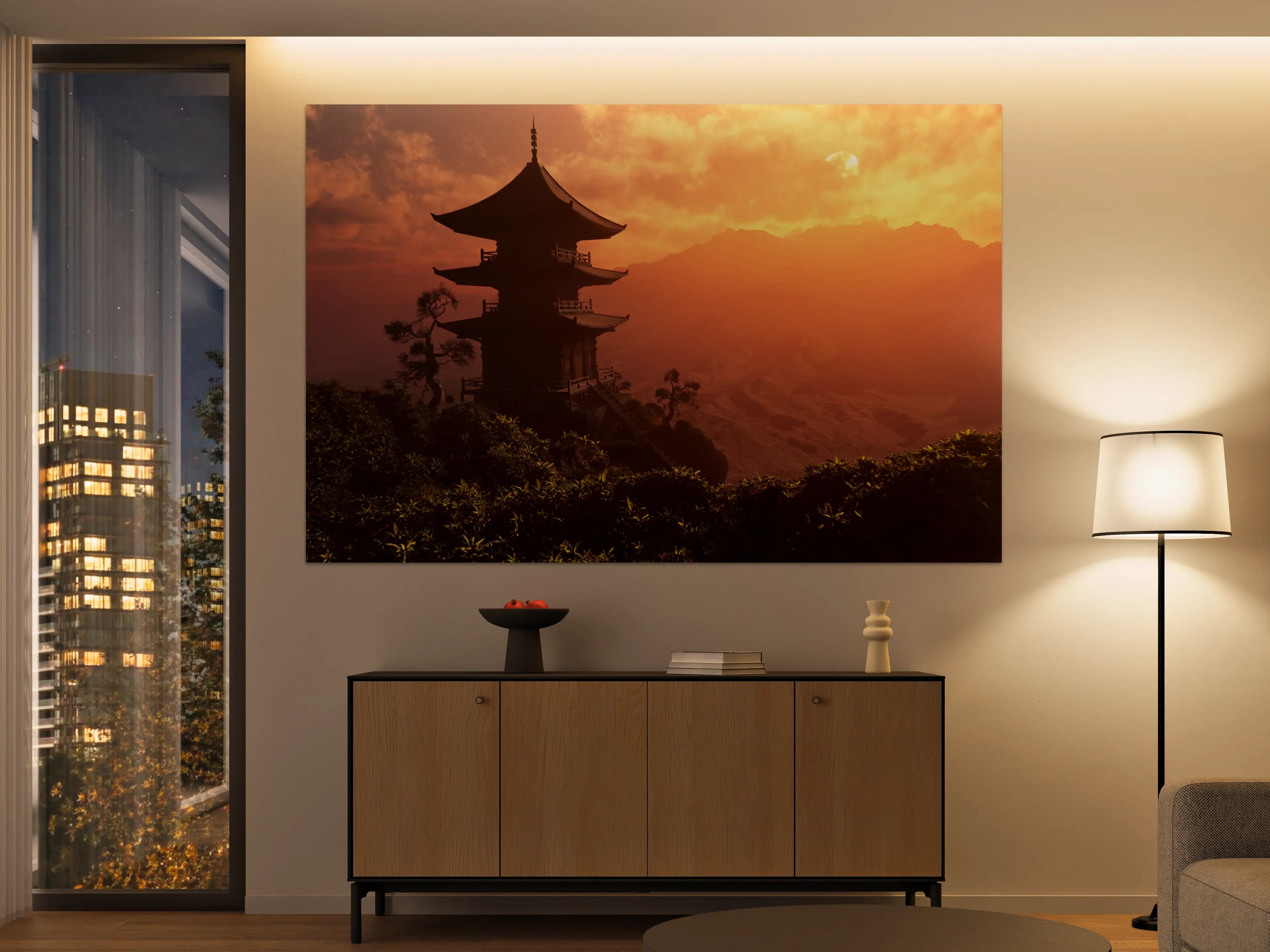 Große Wandbilder - Sonnenuntergang über einer buddhistischen Pagode