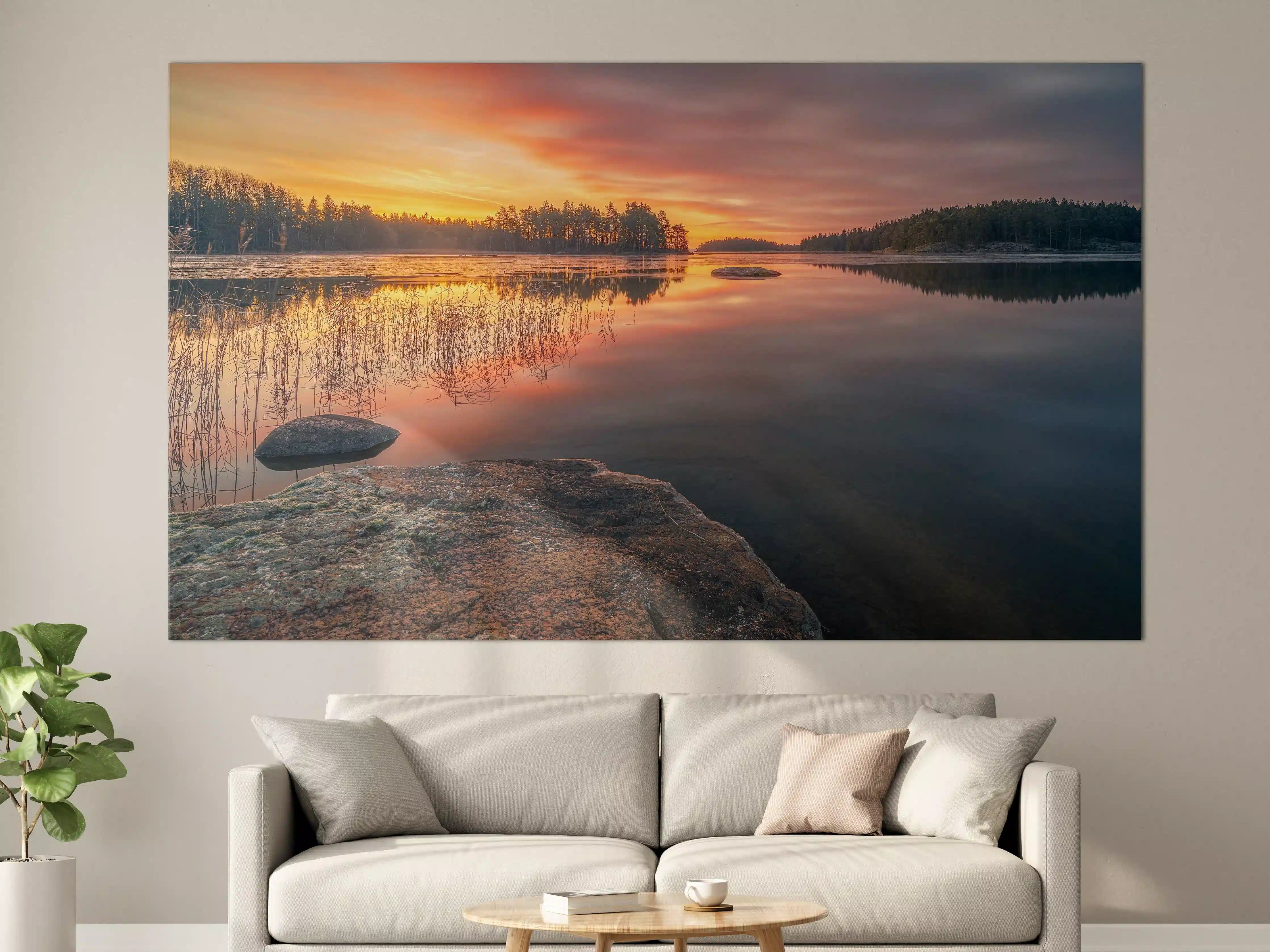 Große Wandbilder - Sonnenuntergang über ruhigem Fluss mit Felsen