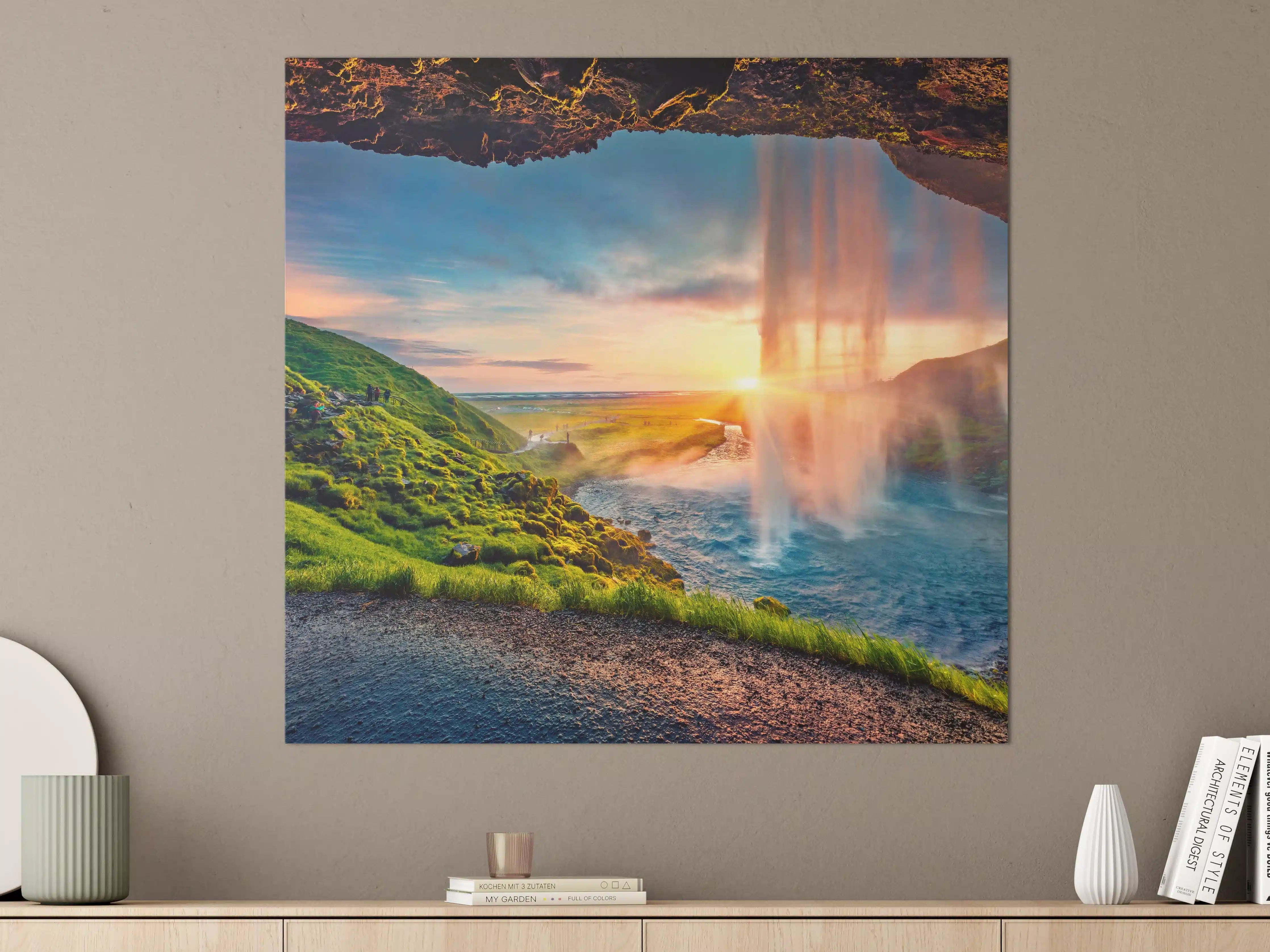 Große Wandbilder - Spektakulärer Sonnenuntergang am Wasserfall Seljalandsfoss