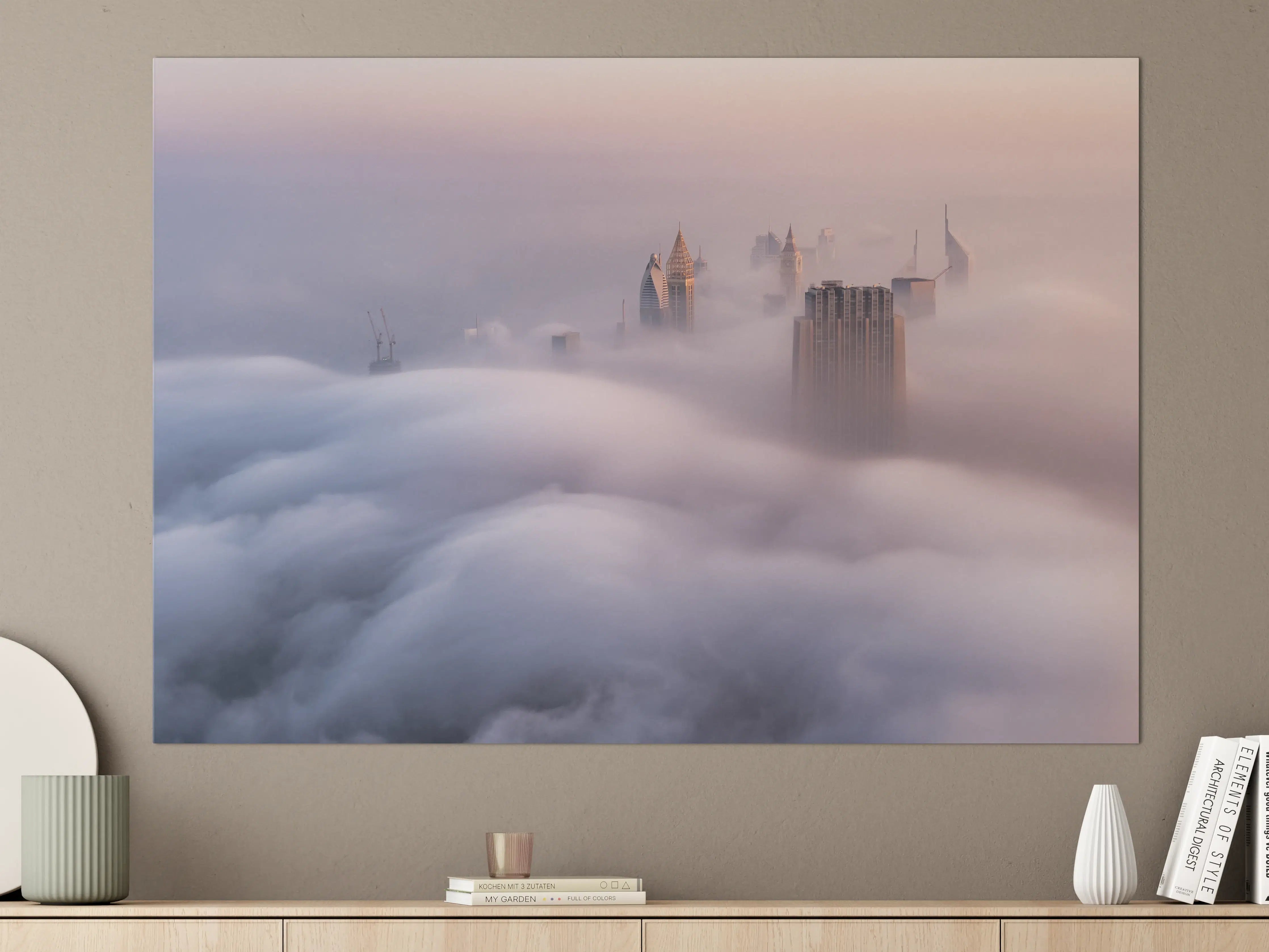 Große Wandbilder - Stadt im Nebel bei Sonnenaufgang