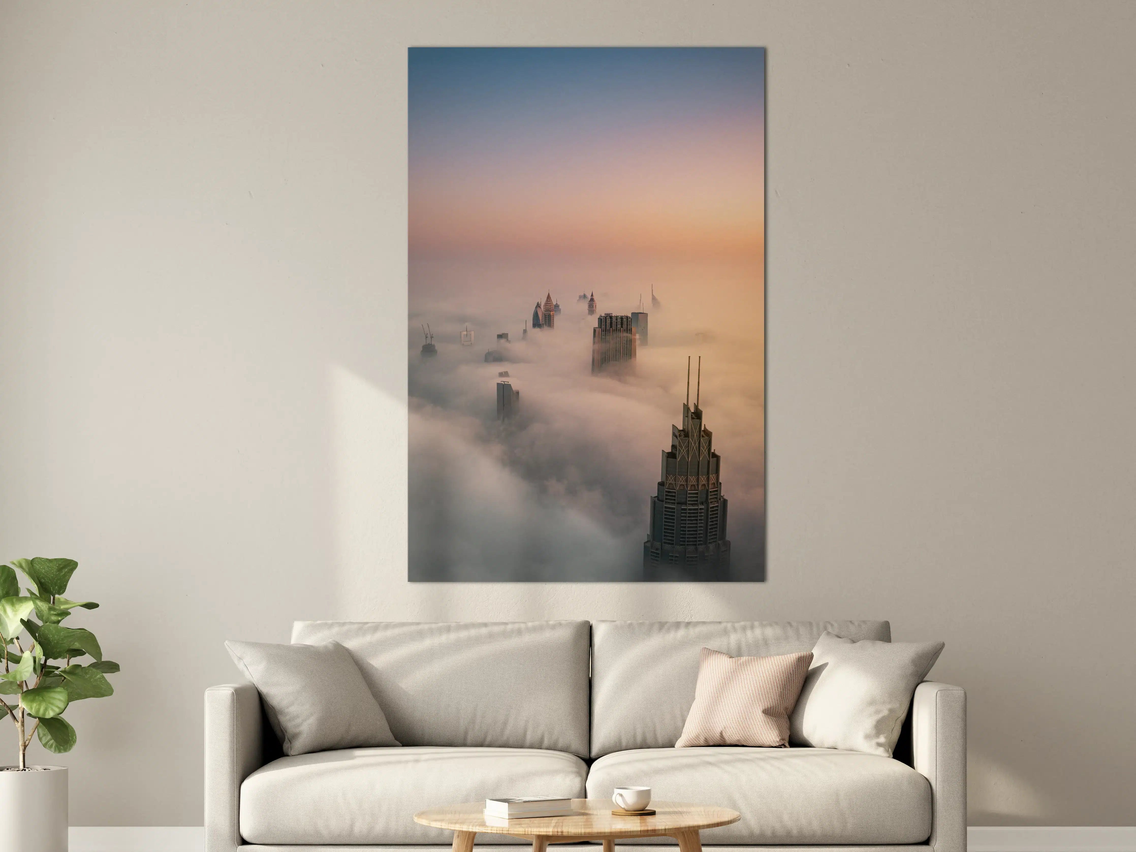 Große Wandbilder - Stadtsilhouette im Nebel bei Sonnenaufgang