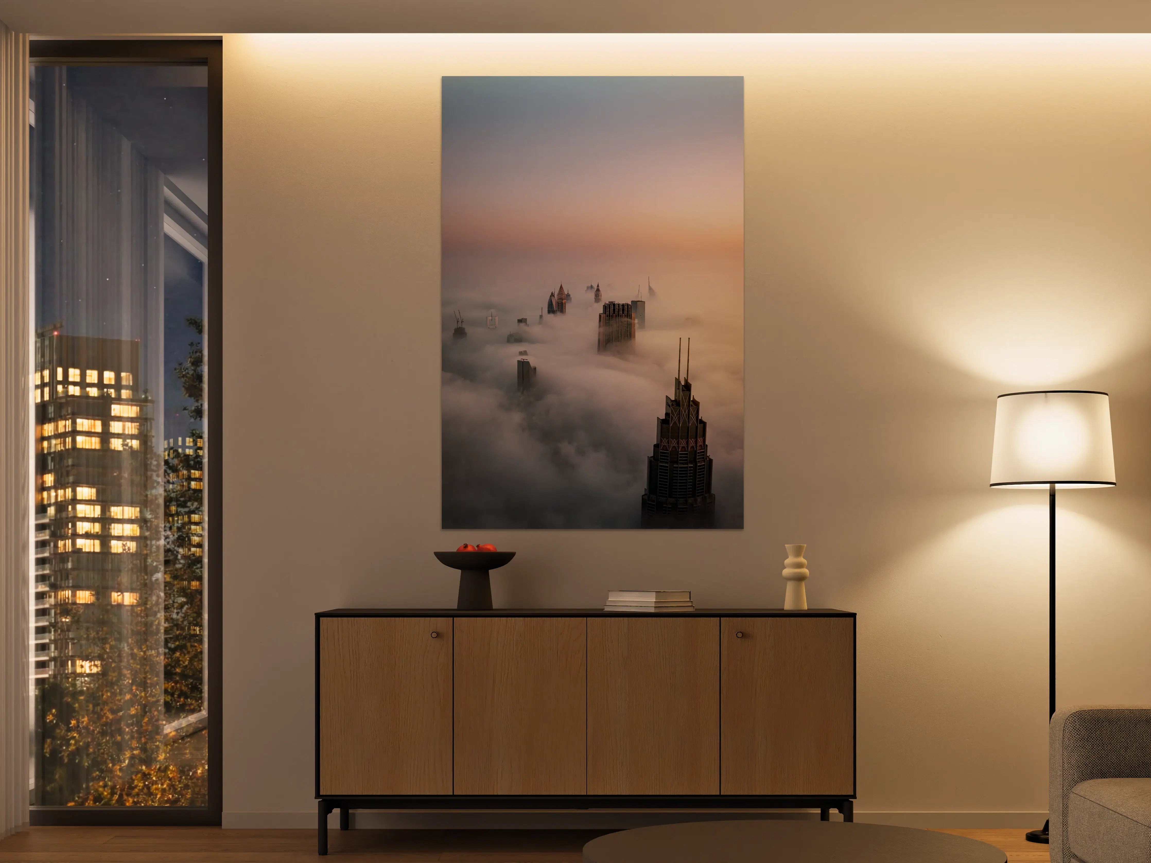 Große Wandbilder - Stadtsilhouette im Nebel bei Sonnenaufgang