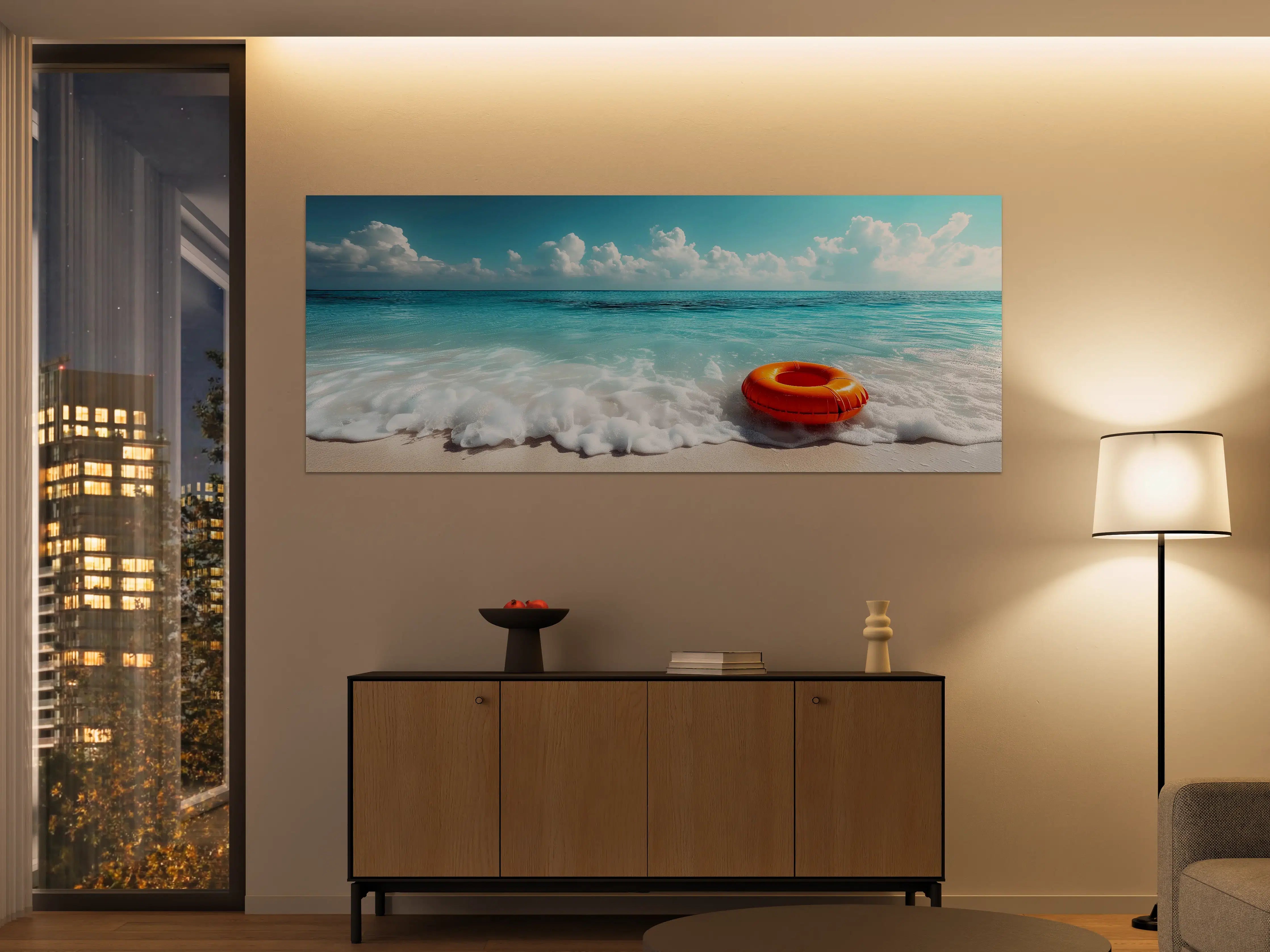 Große Wandbilder - Strand mit orangefarbener Schwimmringe