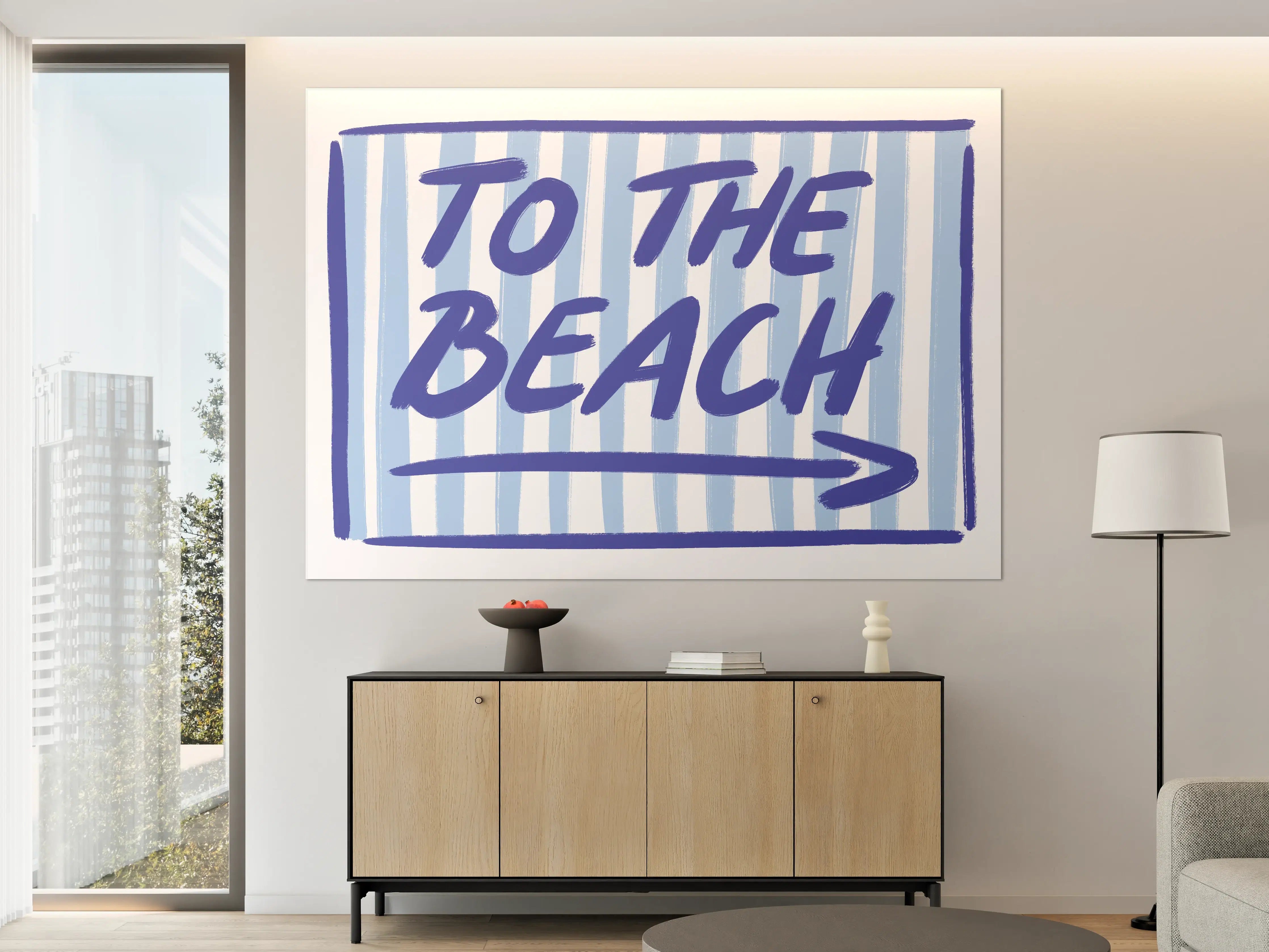 Große Wandbilder - Strandhinweis mit Blau-Weißen Streifen