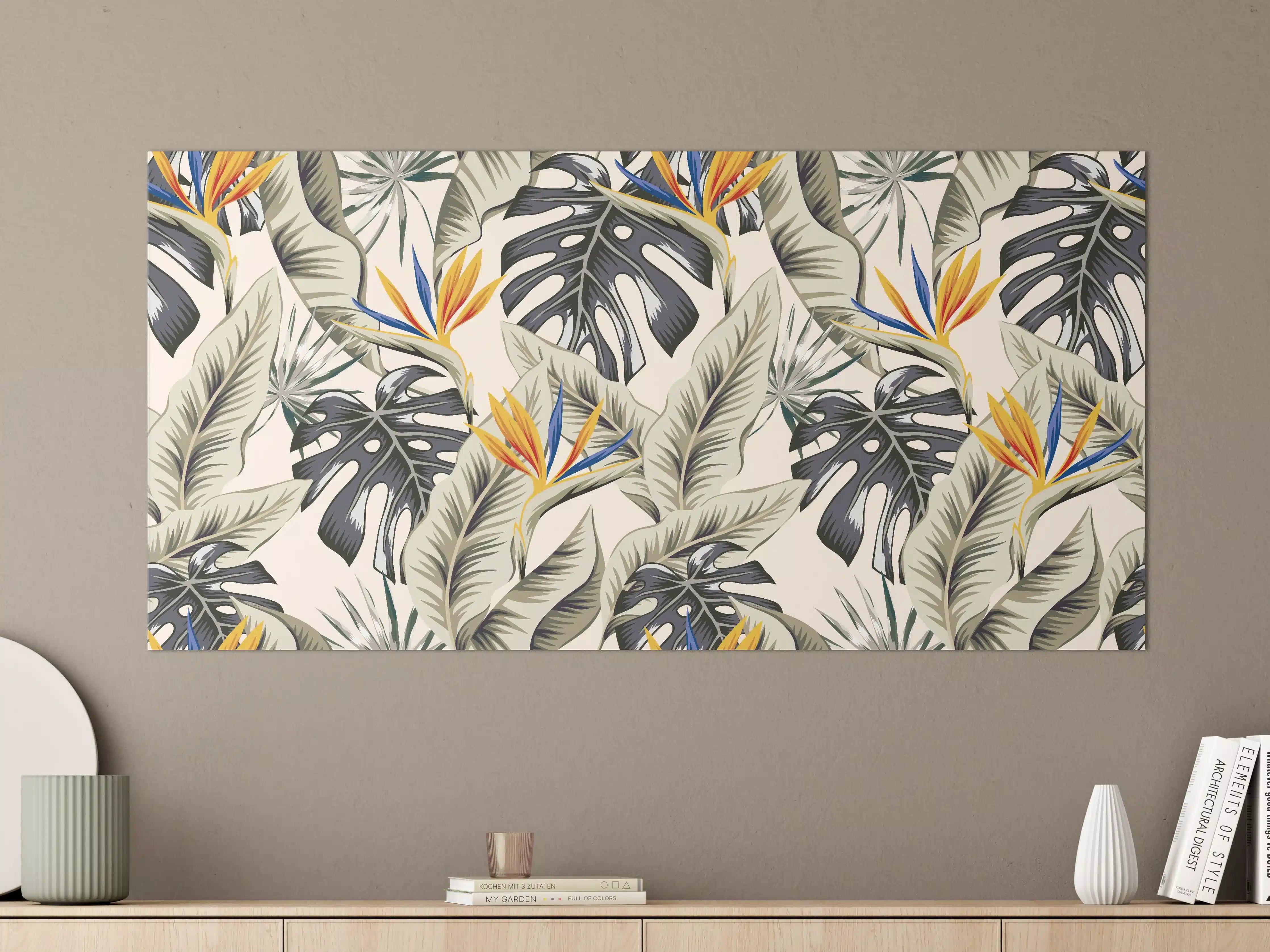 Große Wandbilder - Strelitzia Tropenblätter Beige-Orange
