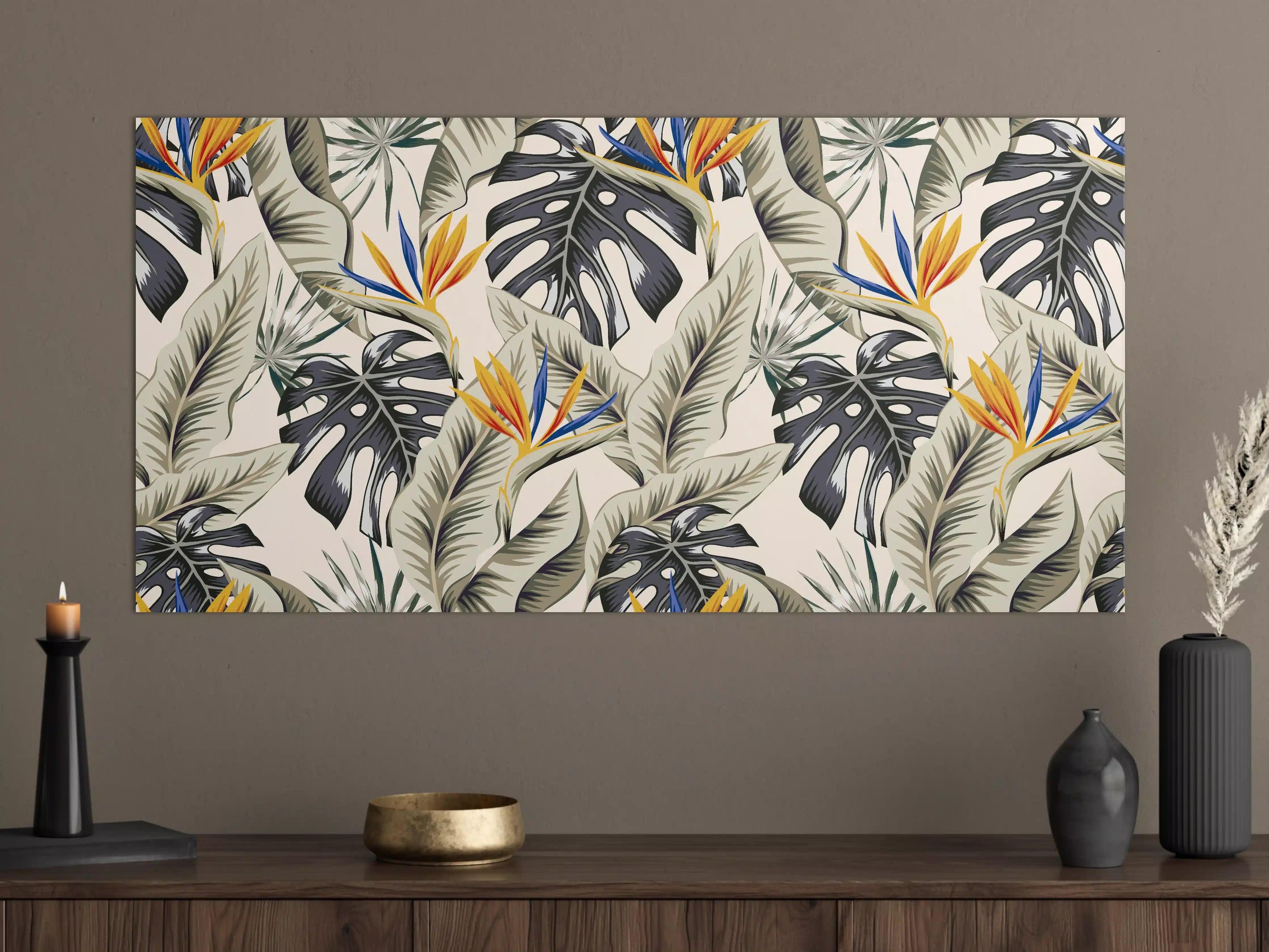 Große Wandbilder - Strelitzia Tropenblätter Beige-Orange