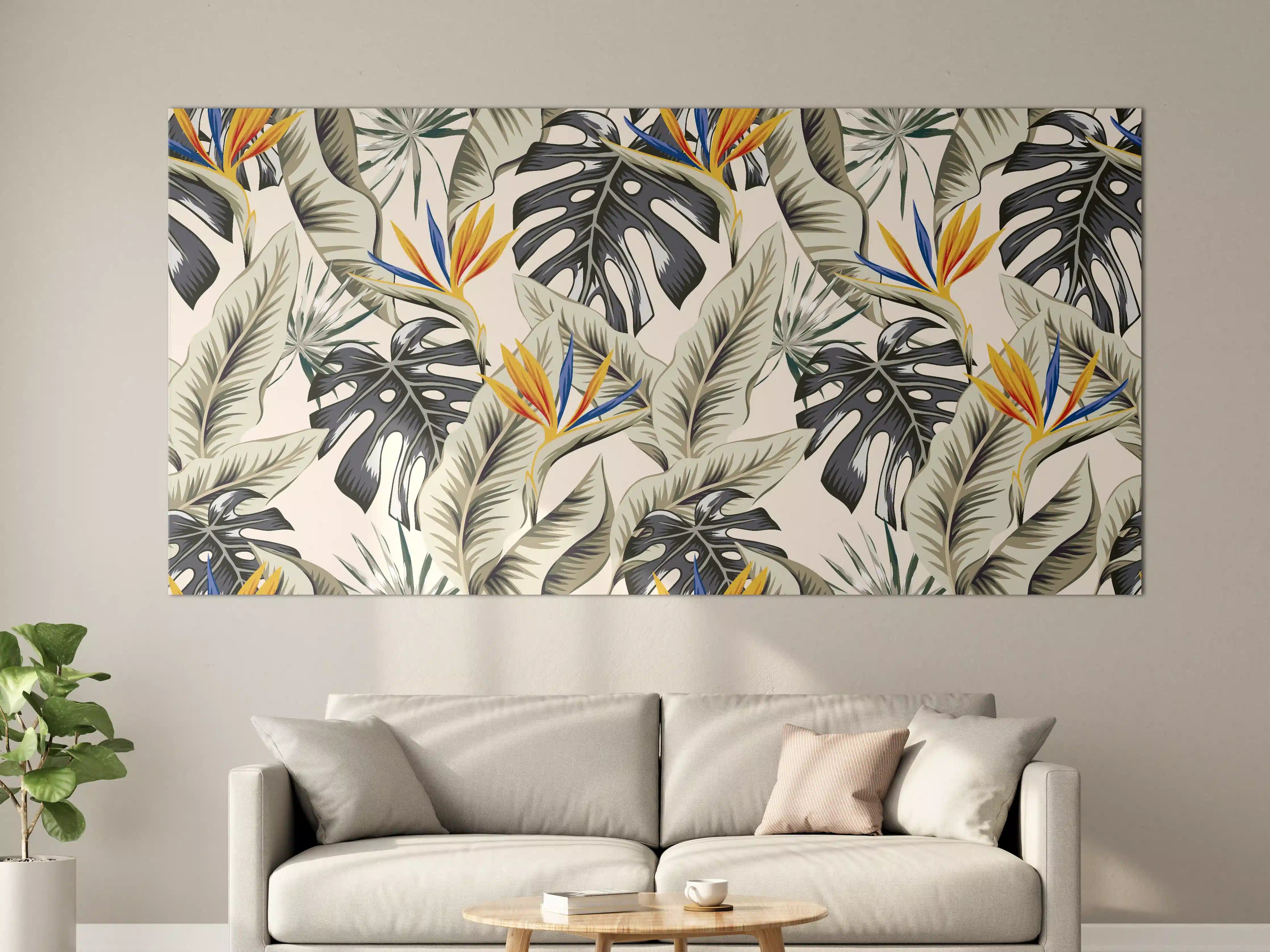Große Wandbilder - Strelitzia Tropenblätter Beige-Orange