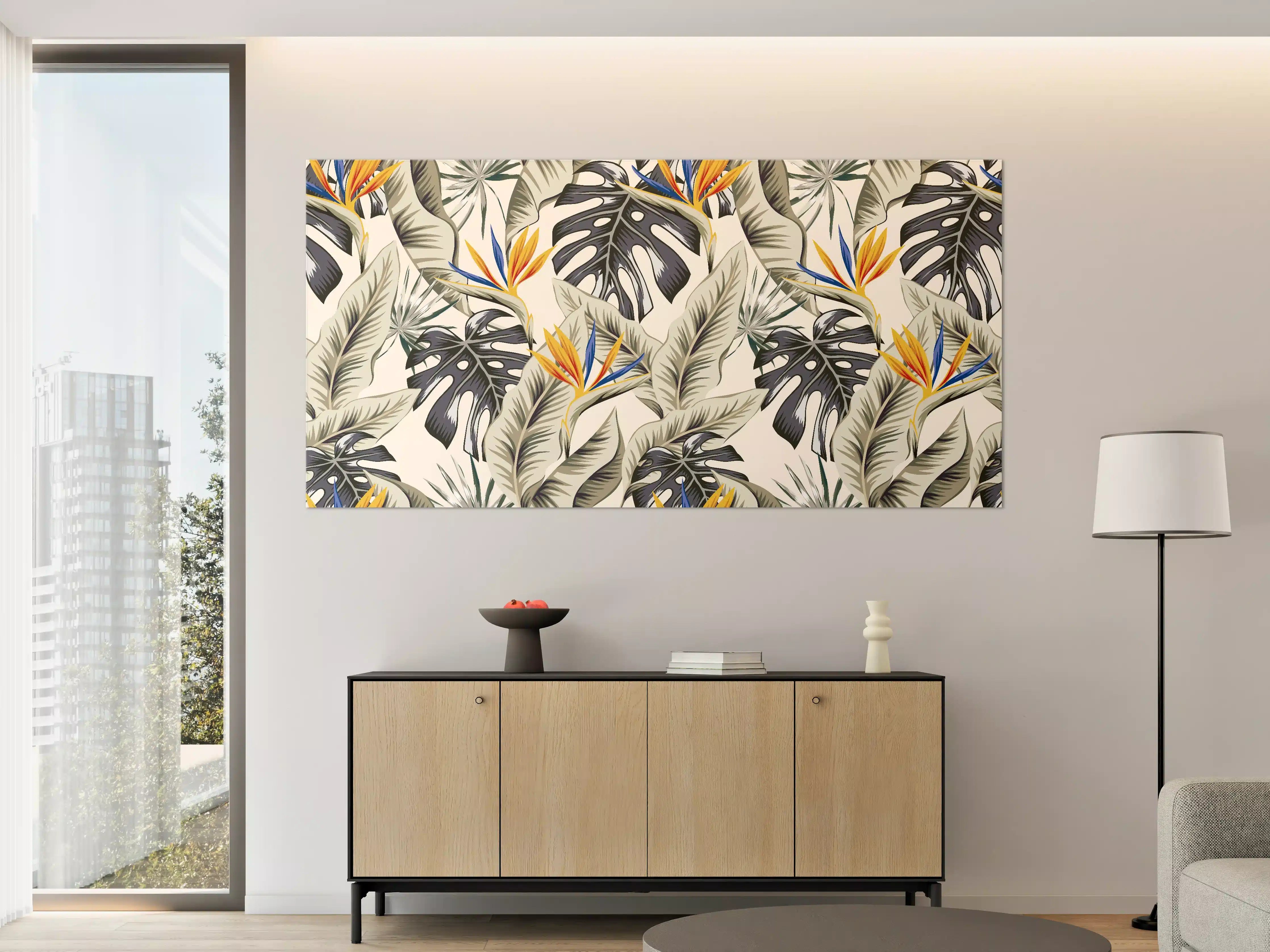 Große Wandbilder - Strelitzia Tropenblätter Beige-Orange