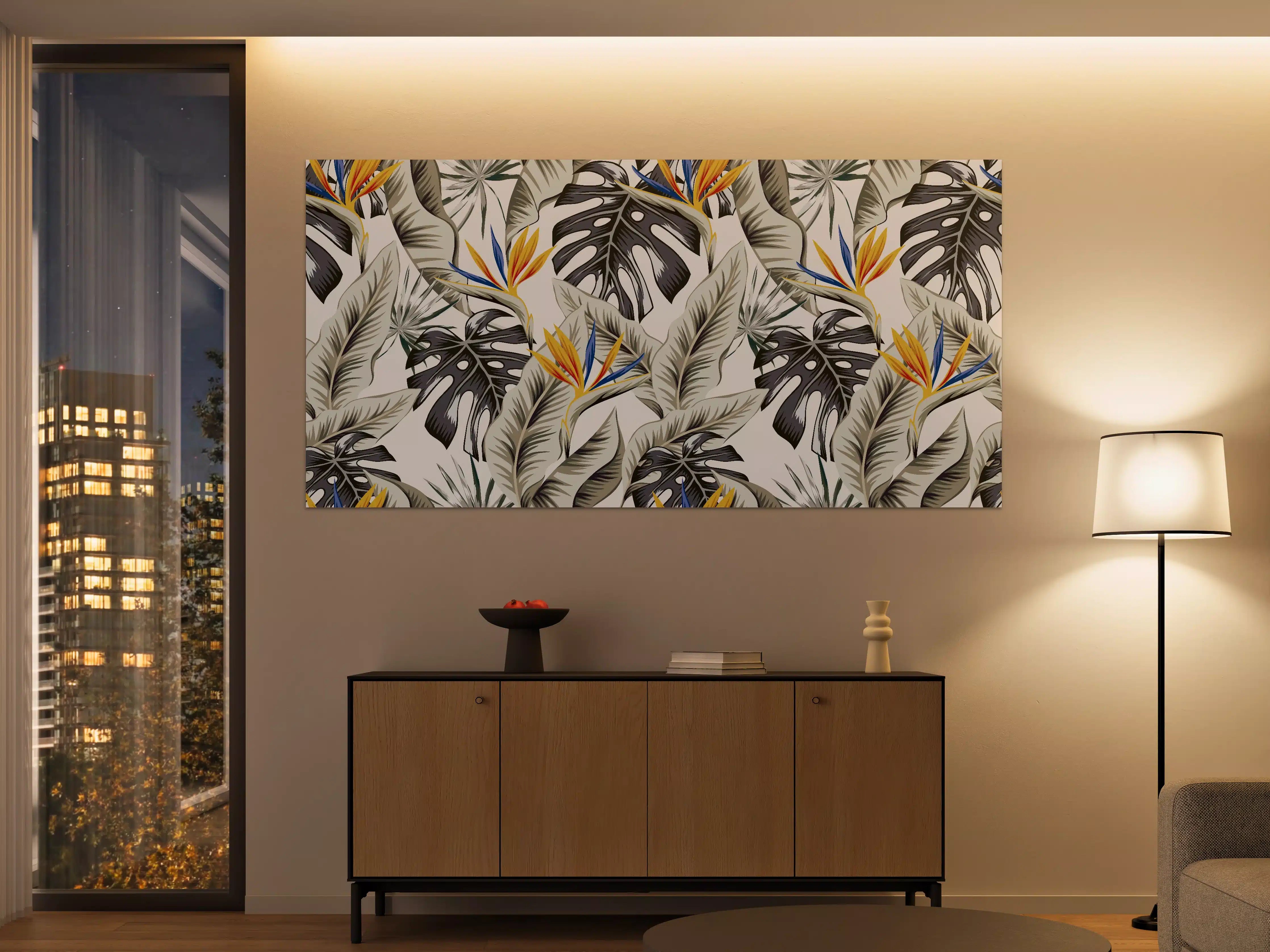 Große Wandbilder - Strelitzia Tropenblätter Beige-Orange