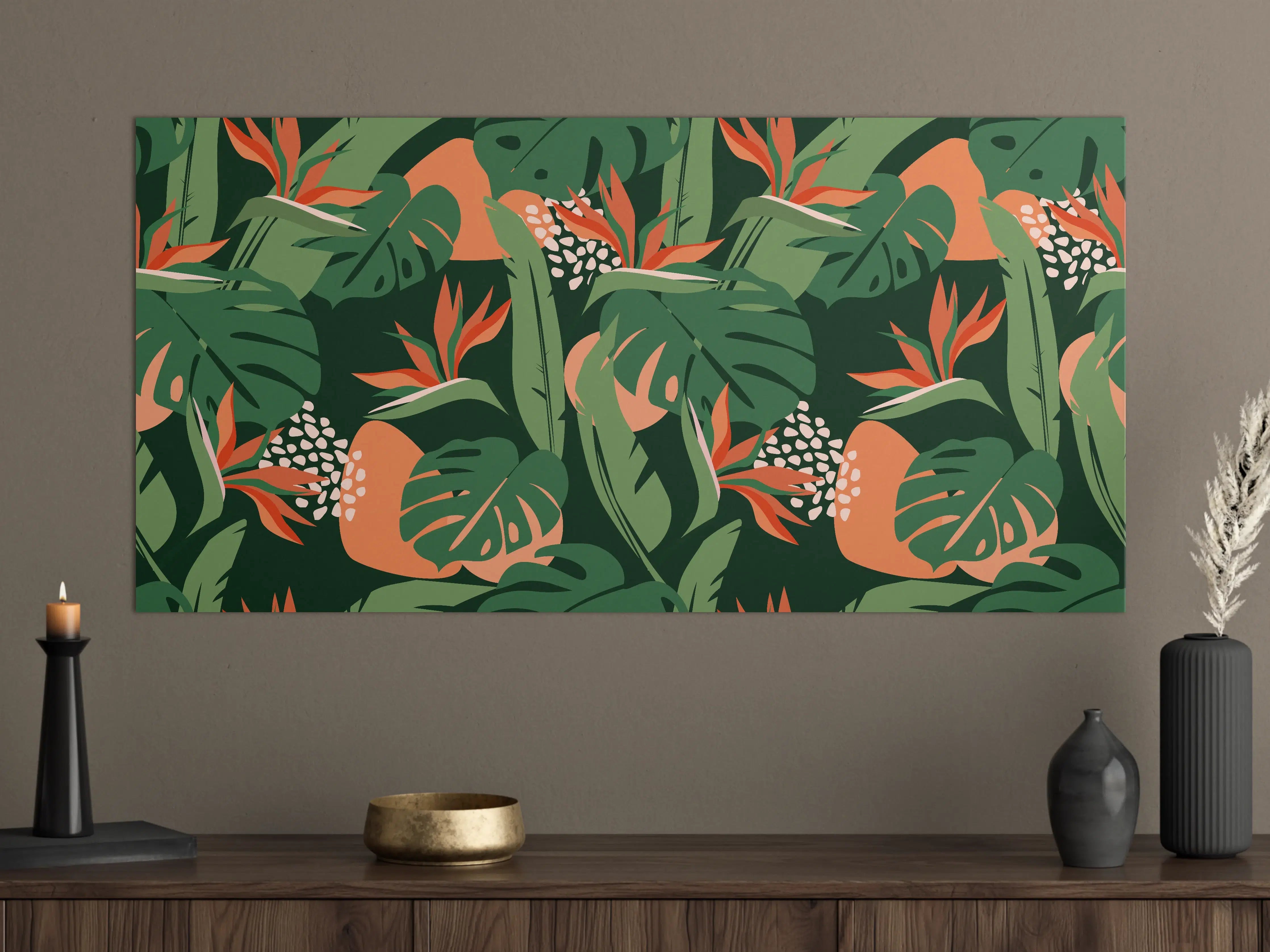 Große Wandbilder - Strelitzia Tropenblatt Grün-Orange