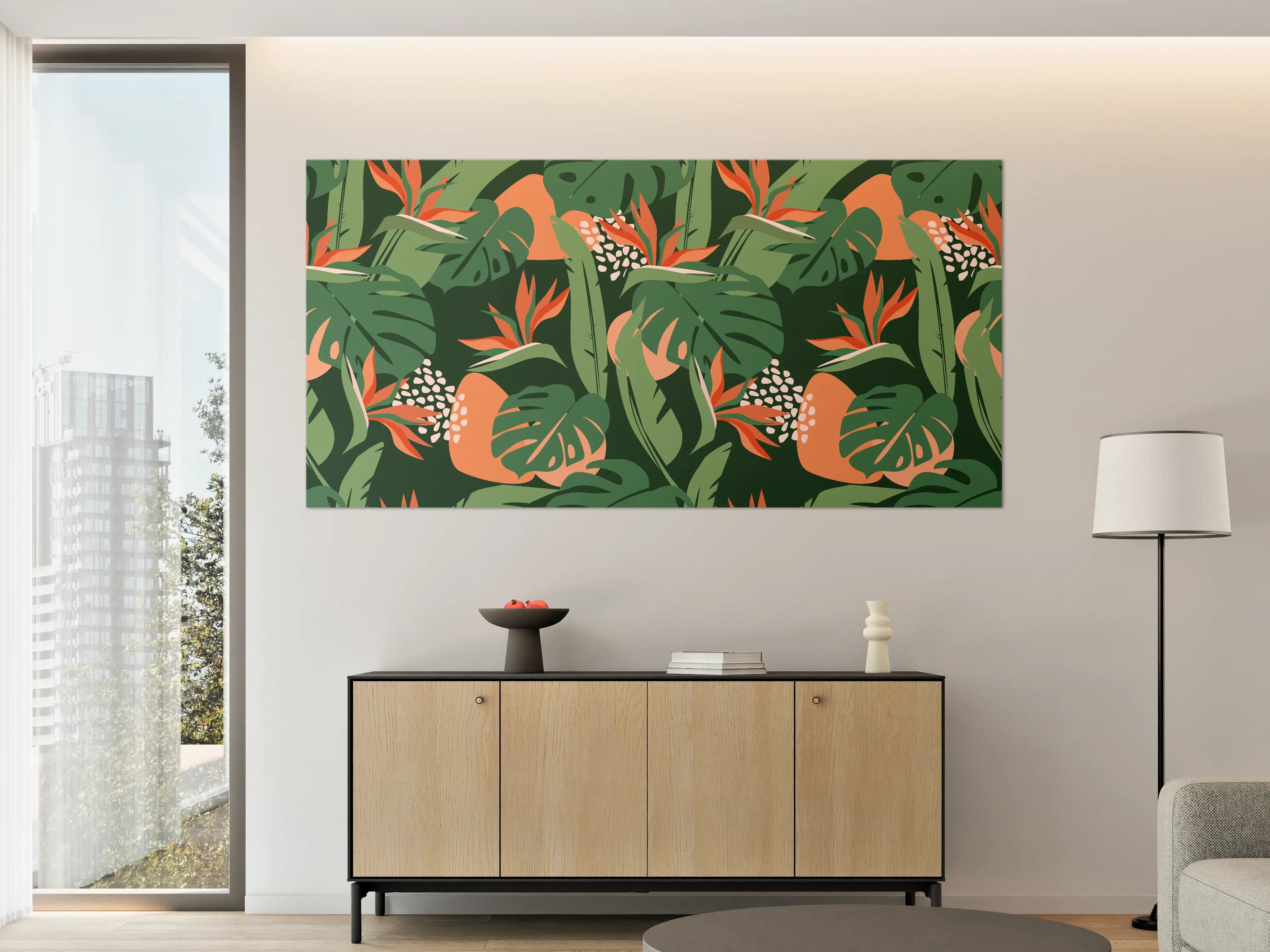 Große Wandbilder - Strelitzia Tropenblatt Grün-Orange