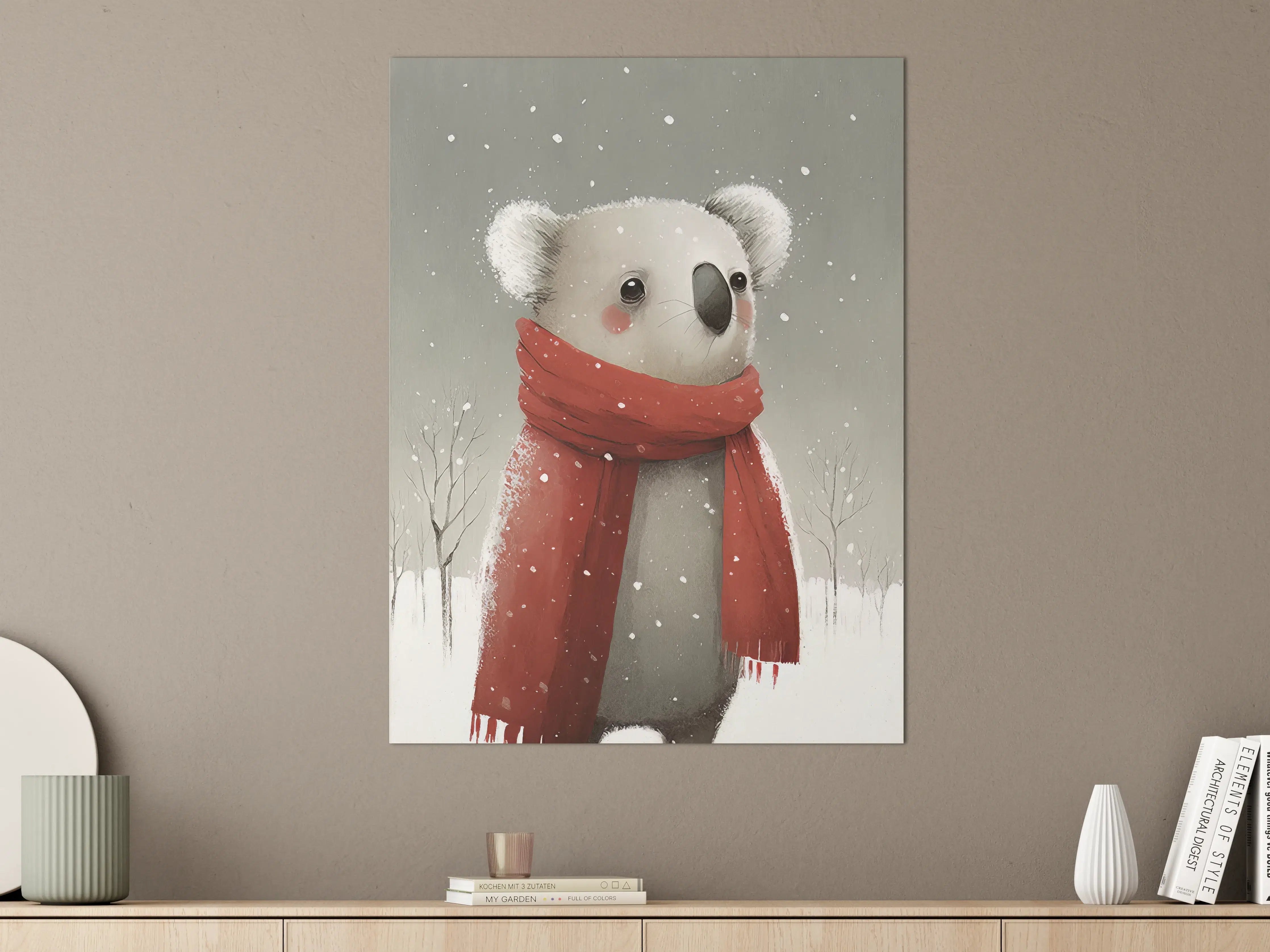 Große Wandbilder - Süßer Eisbär im Winter, roter Schal