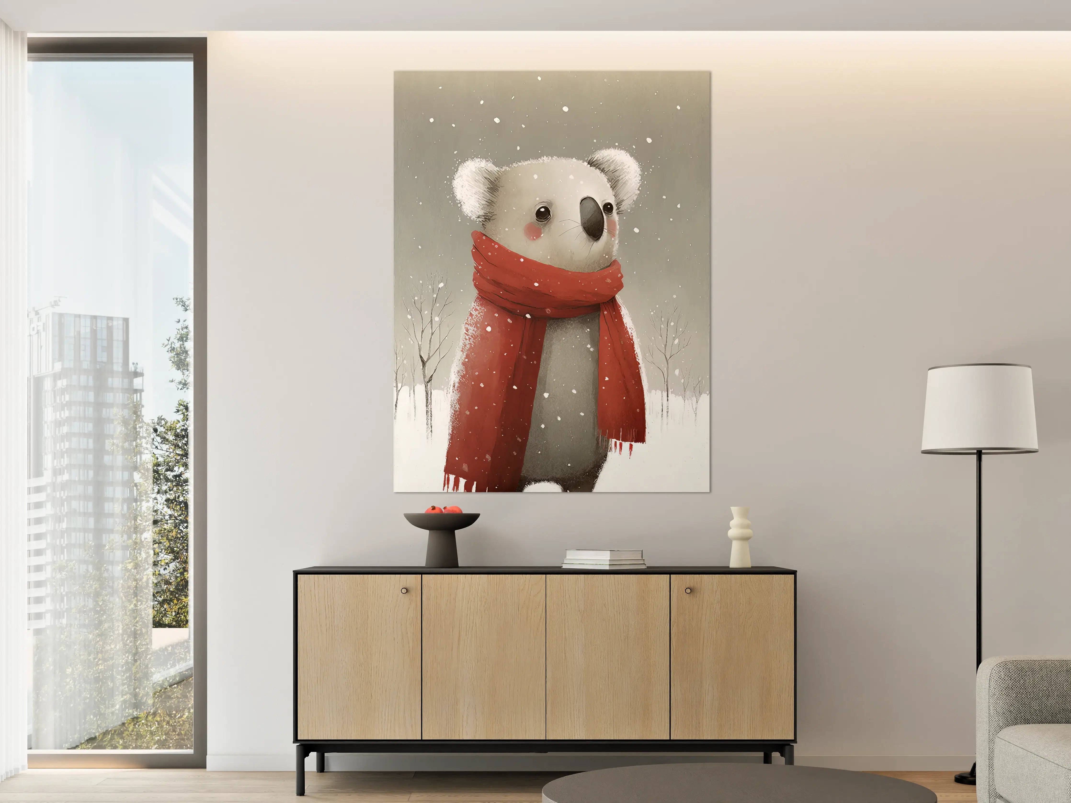 Große Wandbilder - Süßer Eisbär im Winter, roter Schal