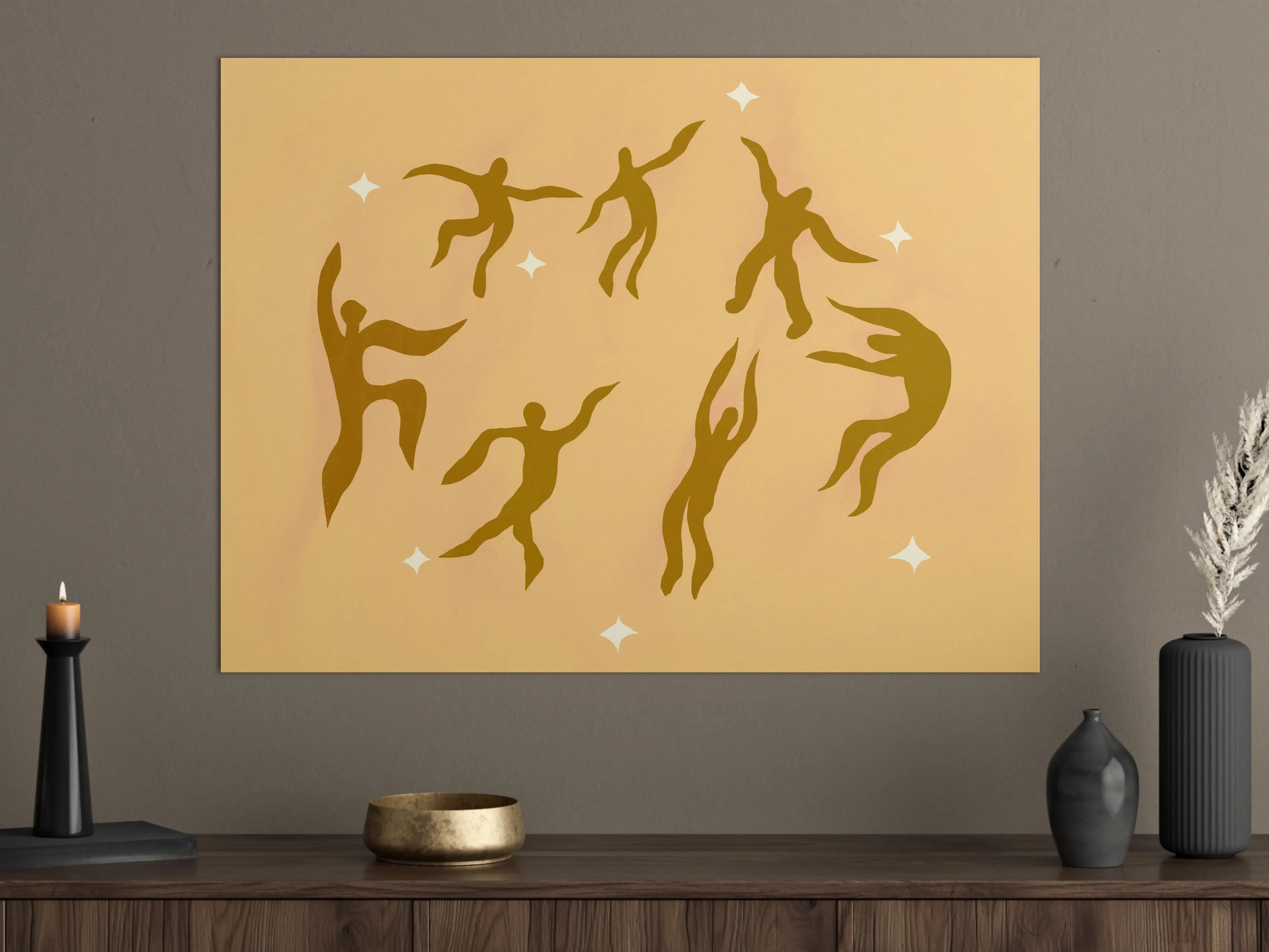 Große Wandbilder - Tanzeinheiten in Gold auf warmer Hintergrund