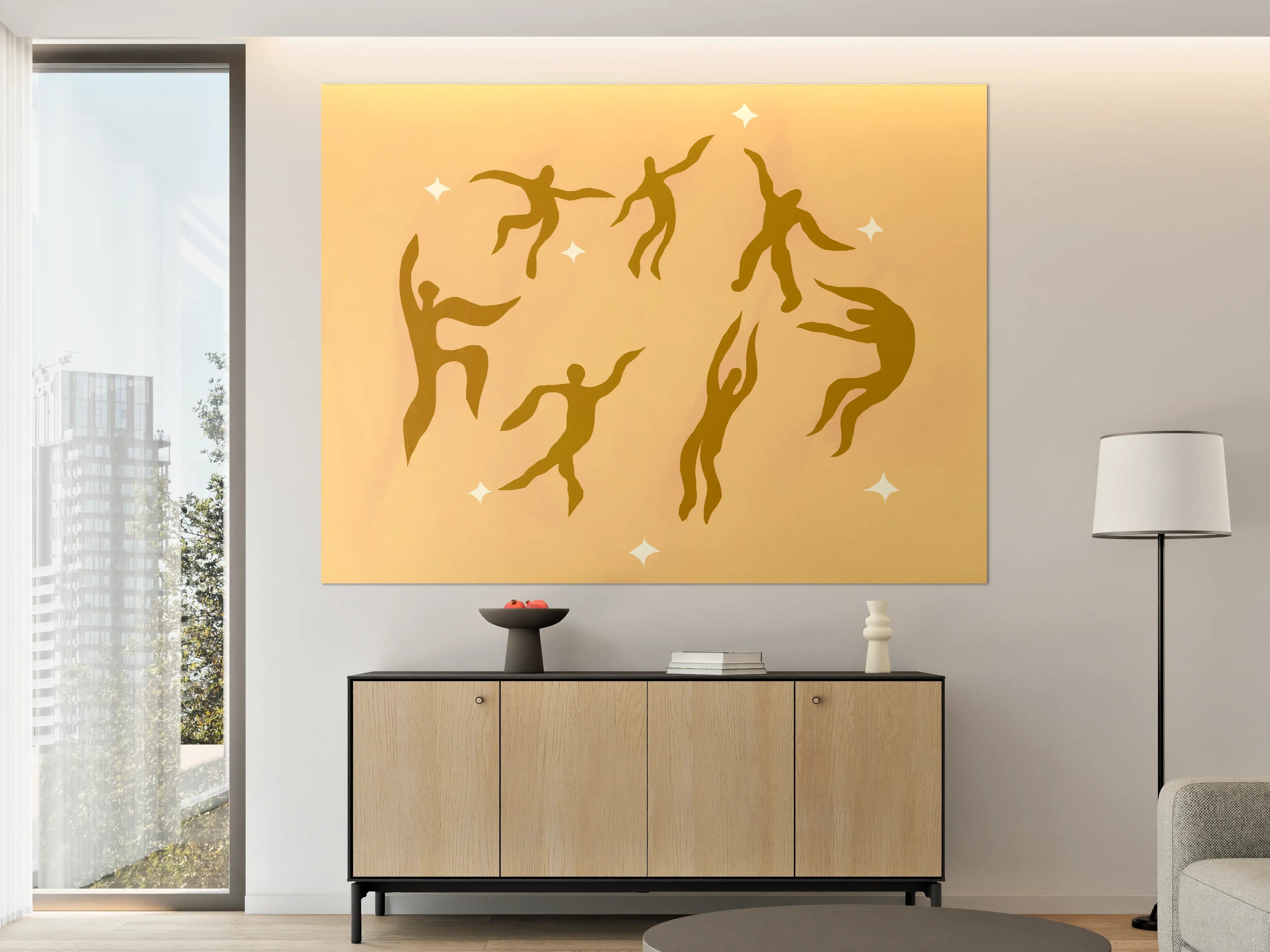 Große Wandbilder - Tanzeinheiten in Gold auf warmer Hintergrund