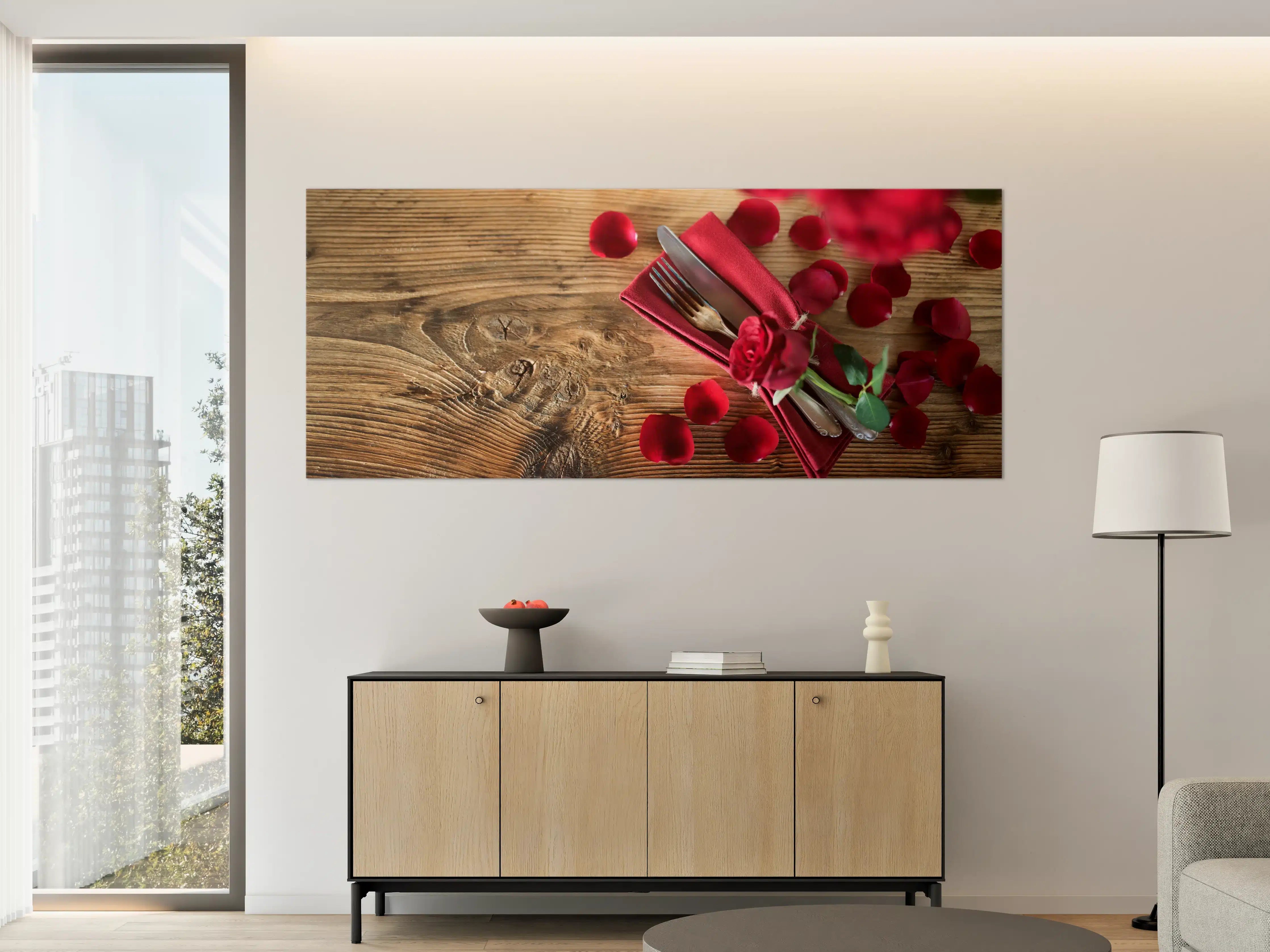 Große Wandbilder - Tischdekoration mit roten Rosen