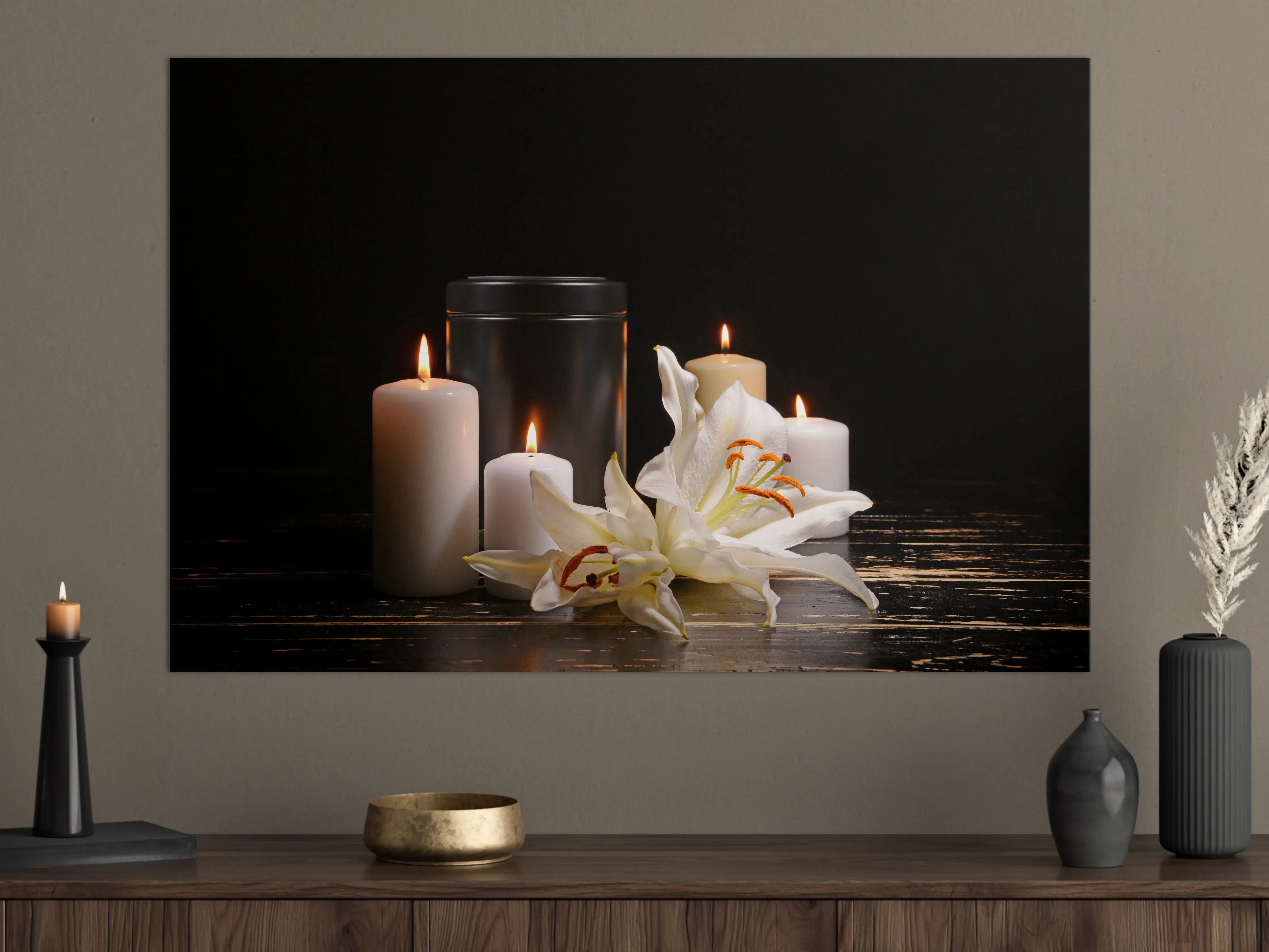 Große Wandbilder - Totenurne mit Kerzen und Blume