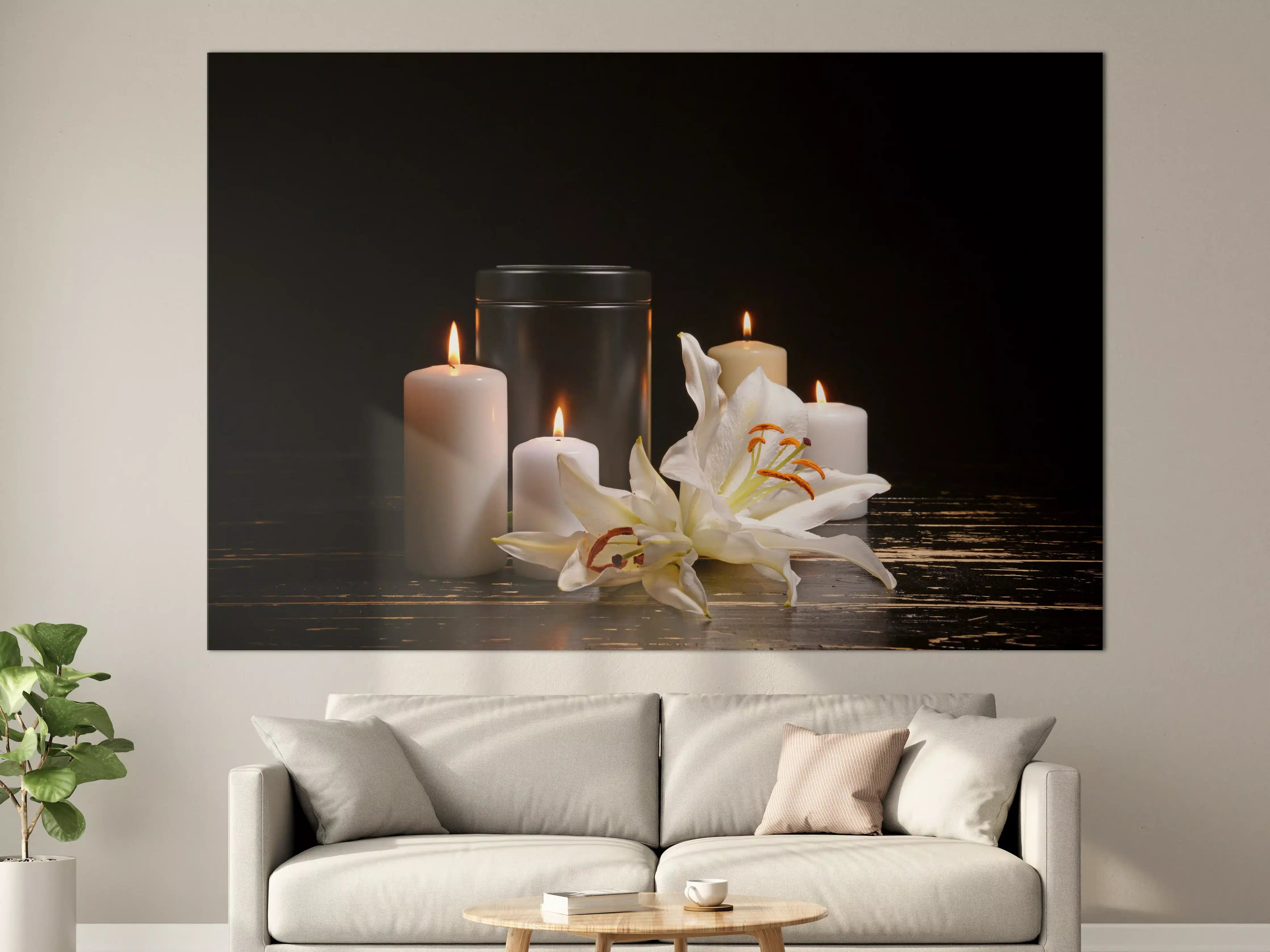 Große Wandbilder - Totenurne mit Kerzen und Blume