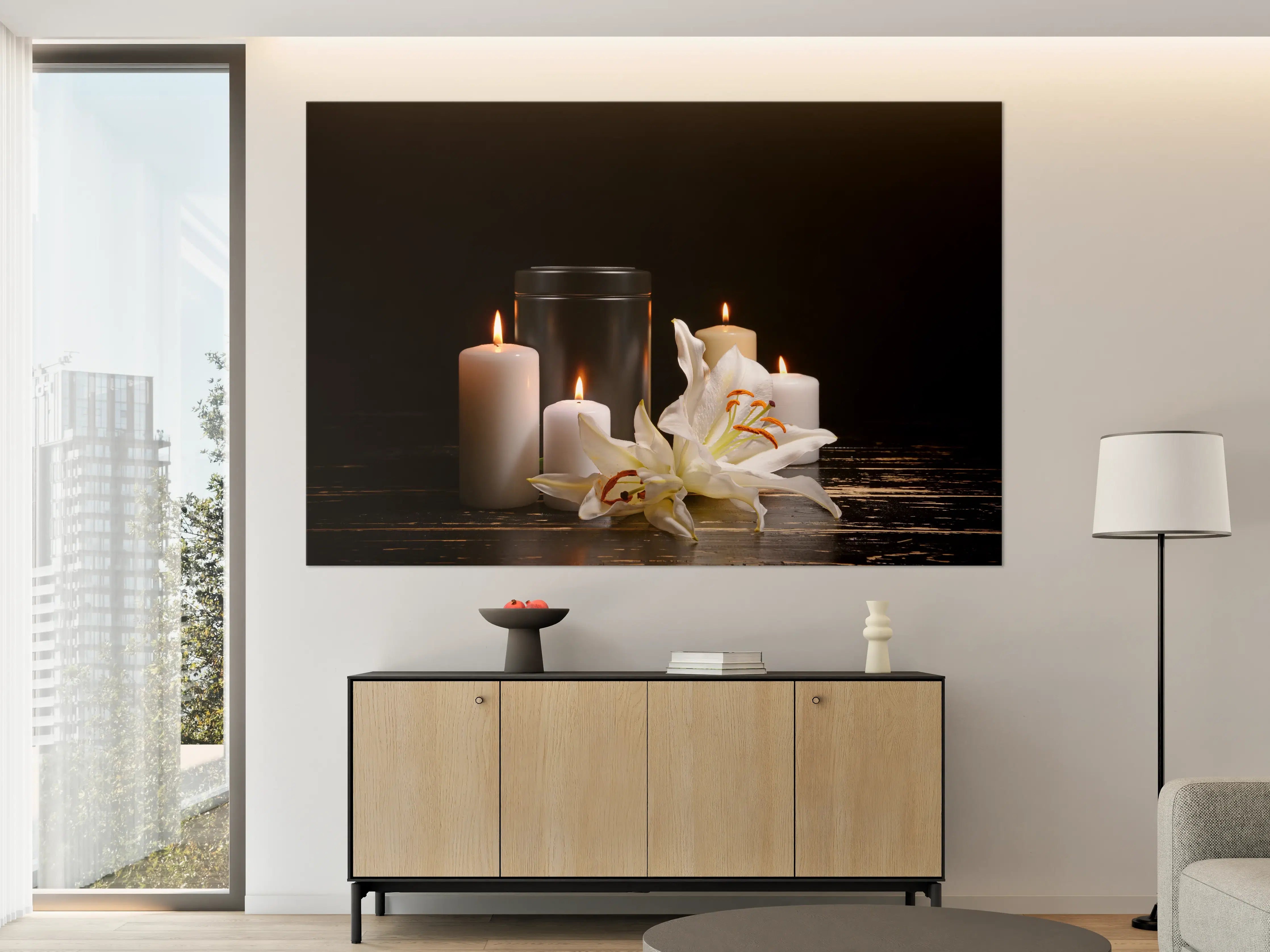 Große Wandbilder - Totenurne mit Kerzen und Blume