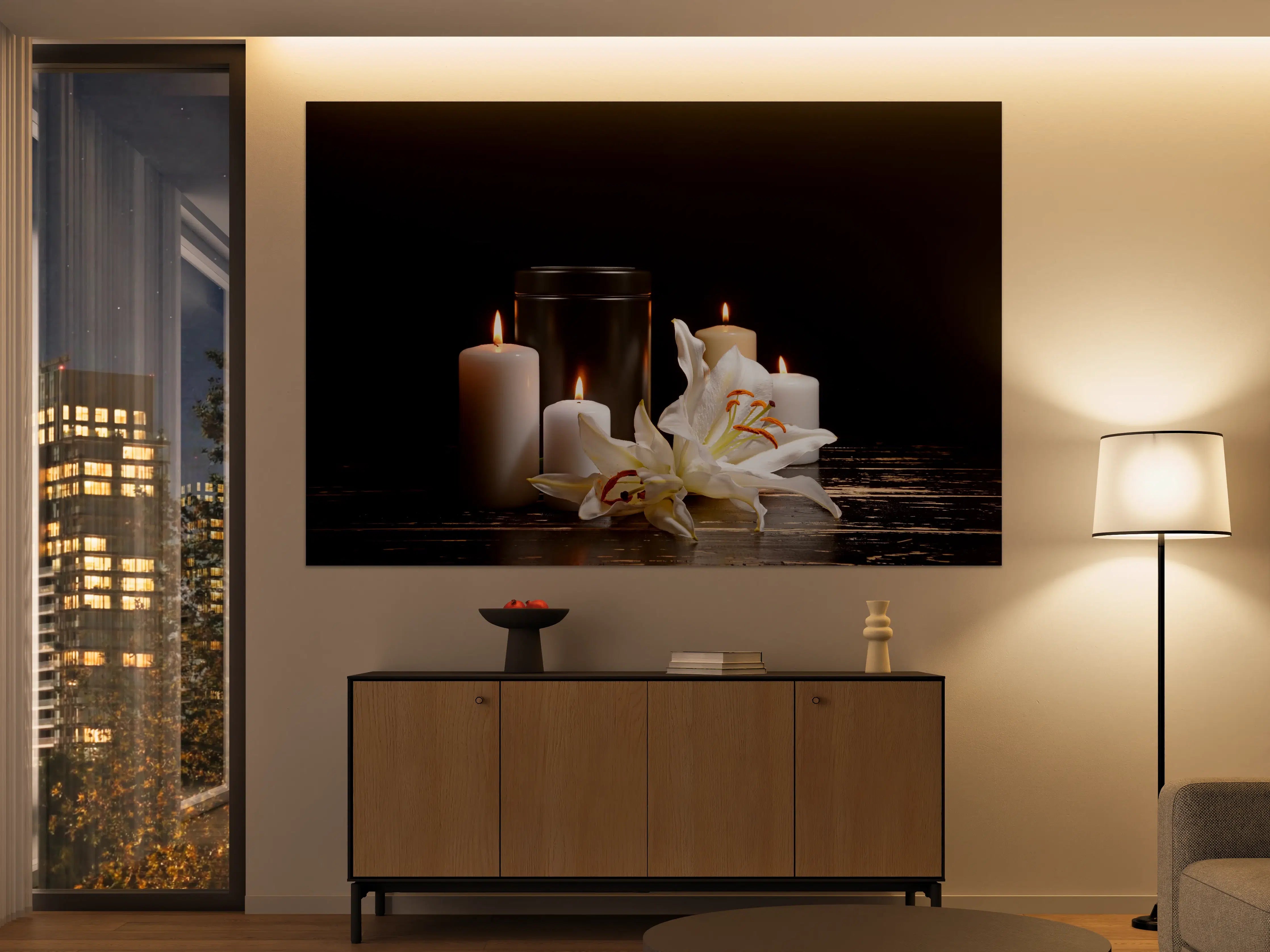 Große Wandbilder - Totenurne mit Kerzen und Blume