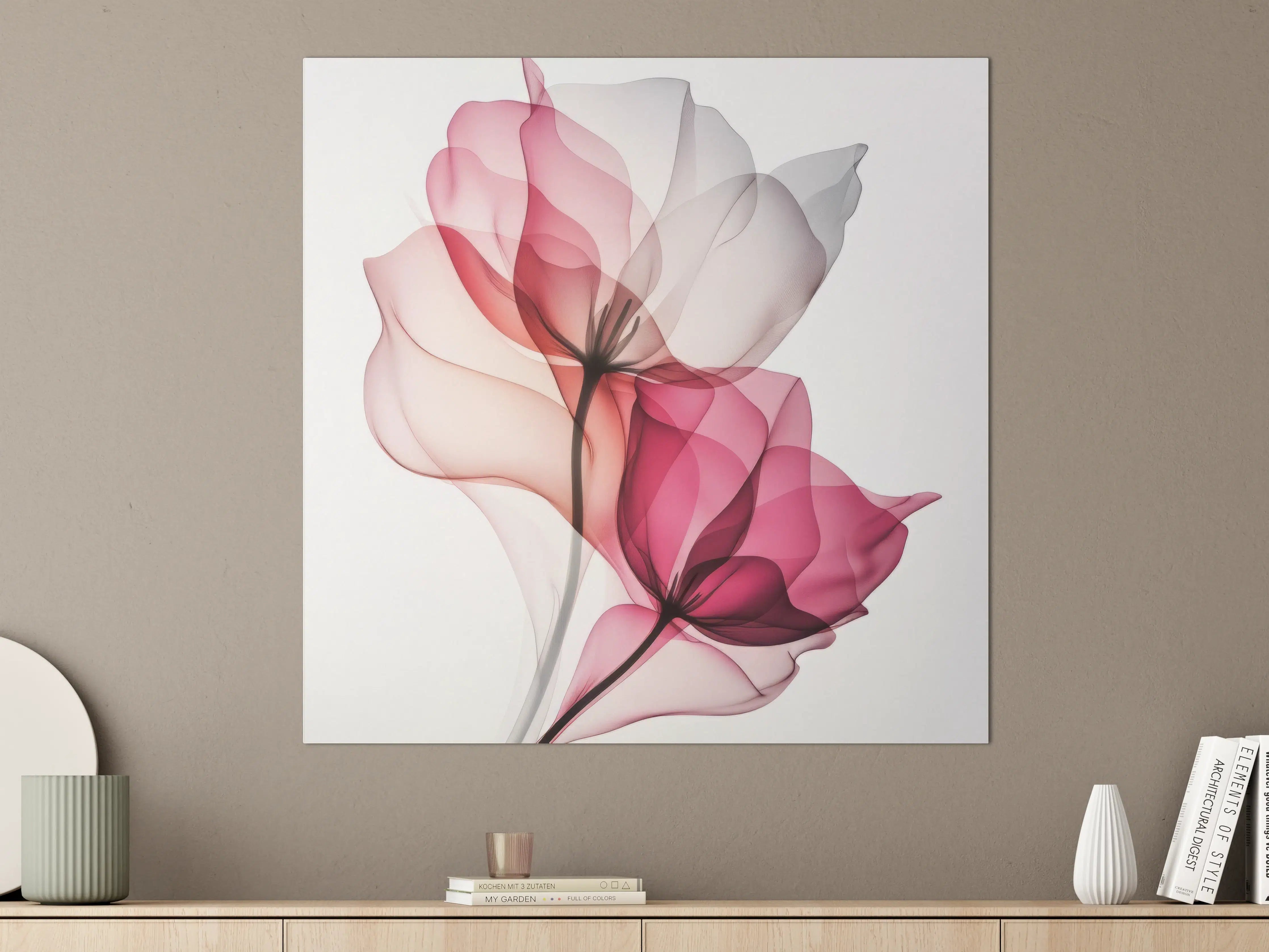 Große Wandbilder - Transparente Blumen in sanften Rosa- und Grautönen