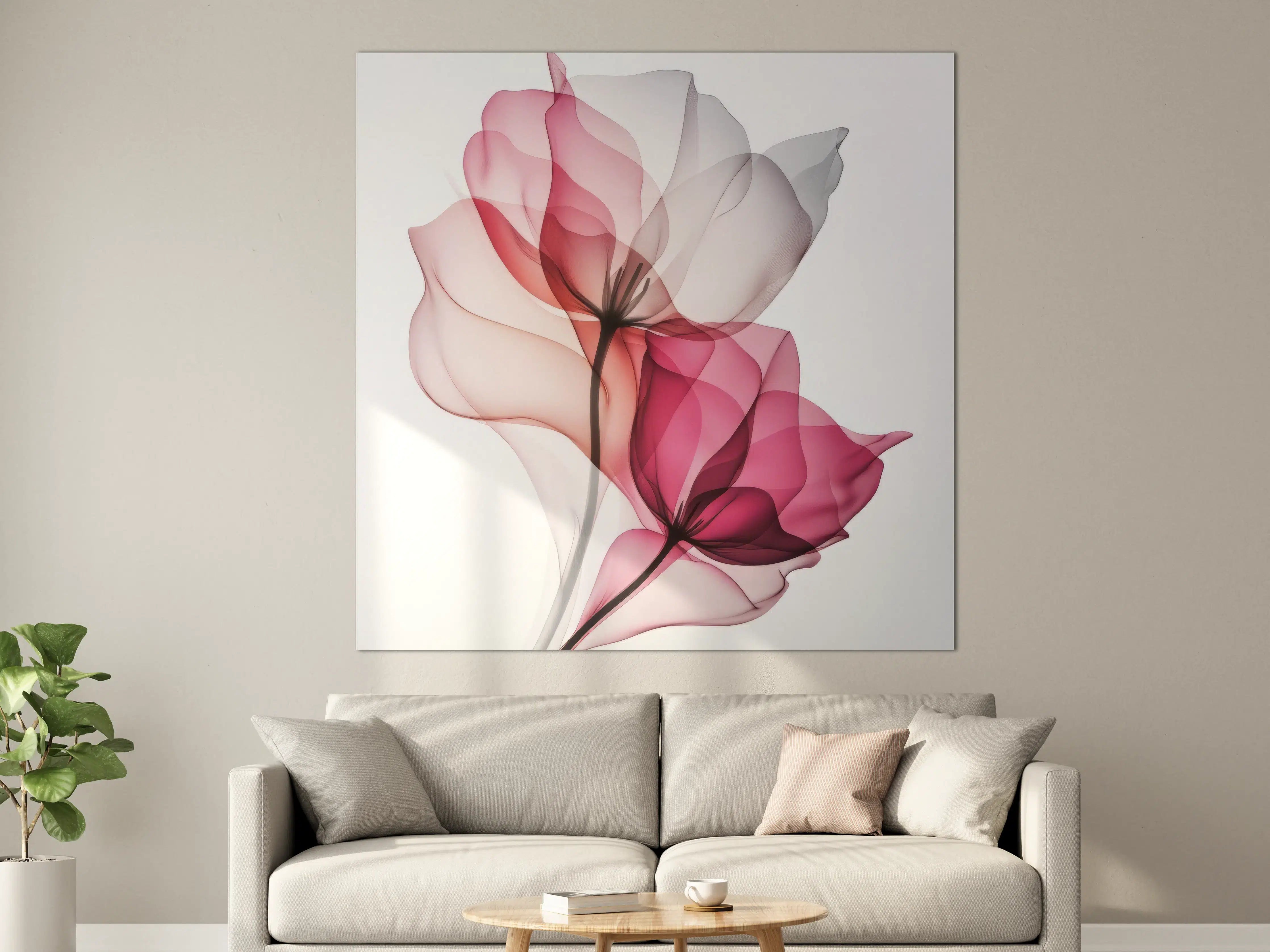 Große Wandbilder - Transparente Blumen in sanften Rosa- und Grautönen