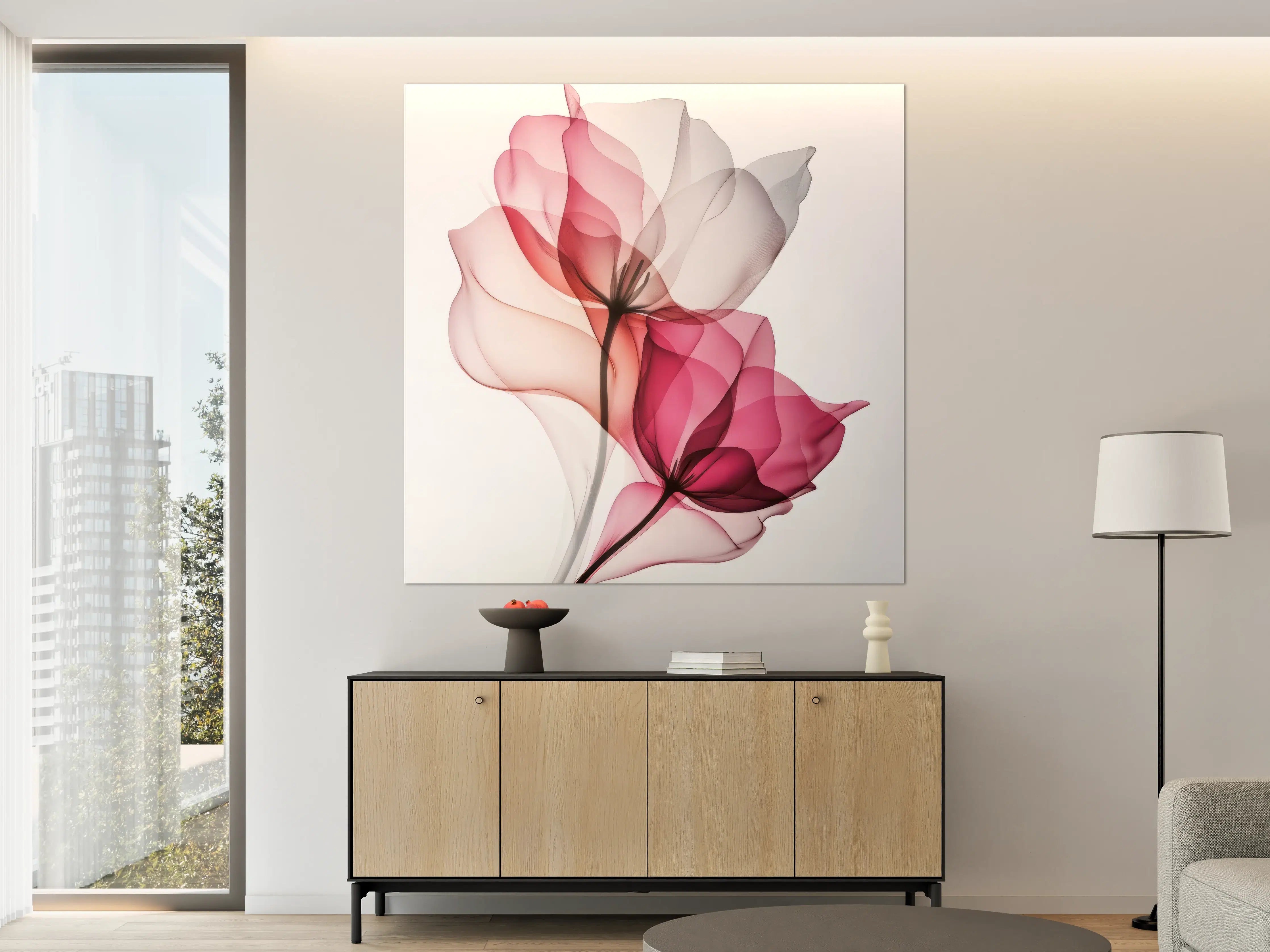 Große Wandbilder - Transparente Blumen in sanften Rosa- und Grautönen