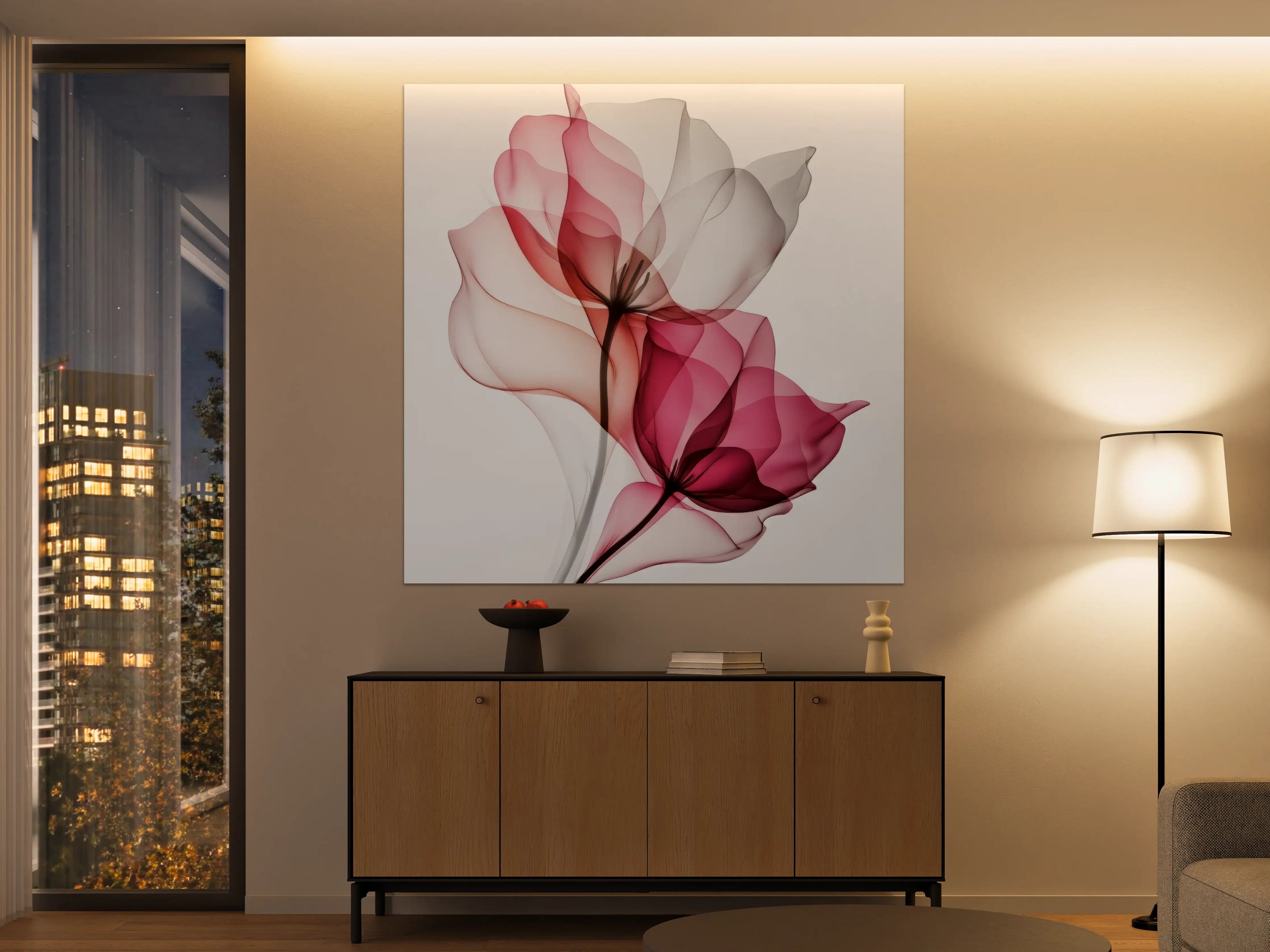 Große Wandbilder - Transparente Blumen in sanften Rosa- und Grautönen